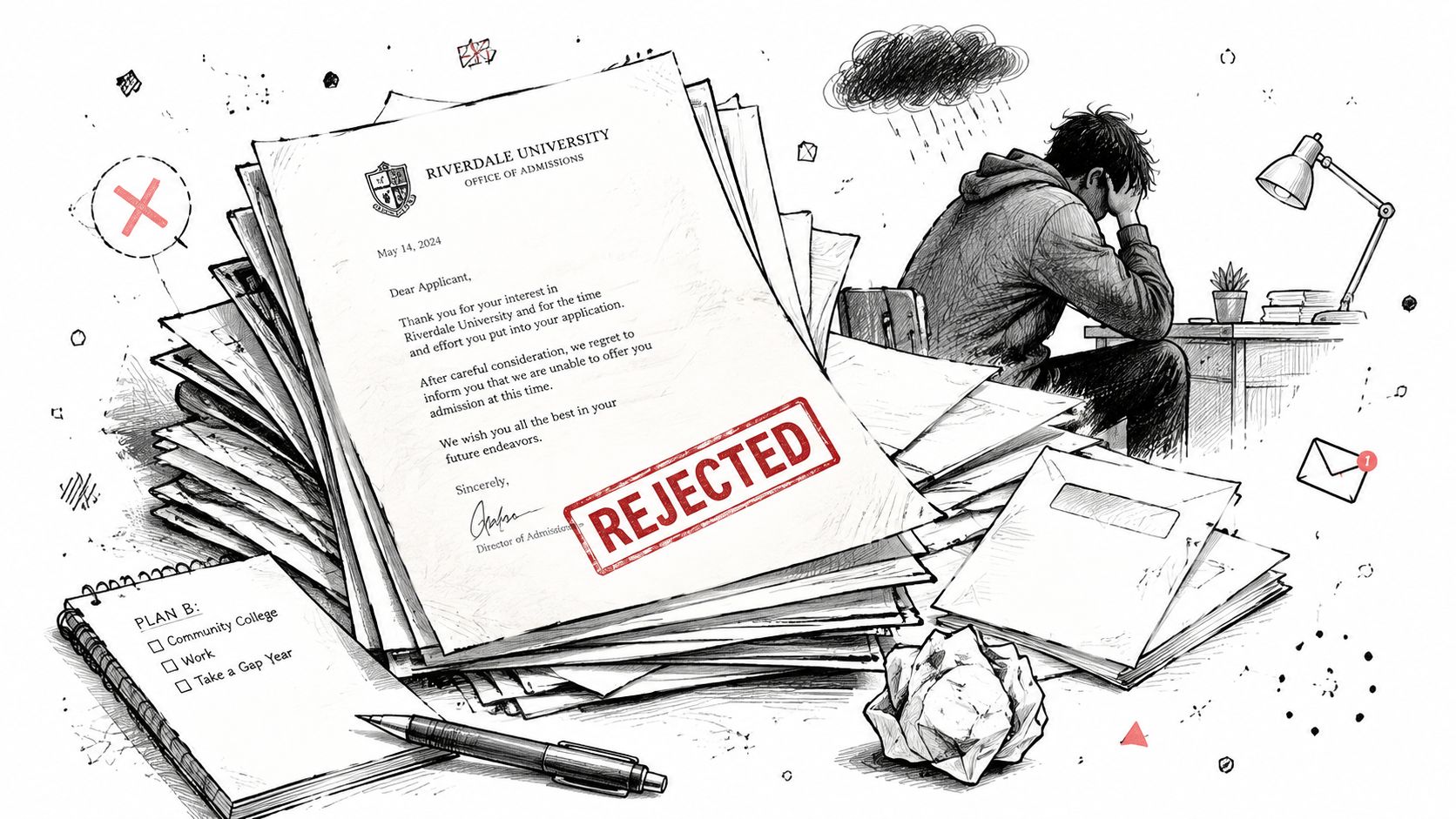 A student sits dejectedly at a desk behind a large stack of rejected college application letters.