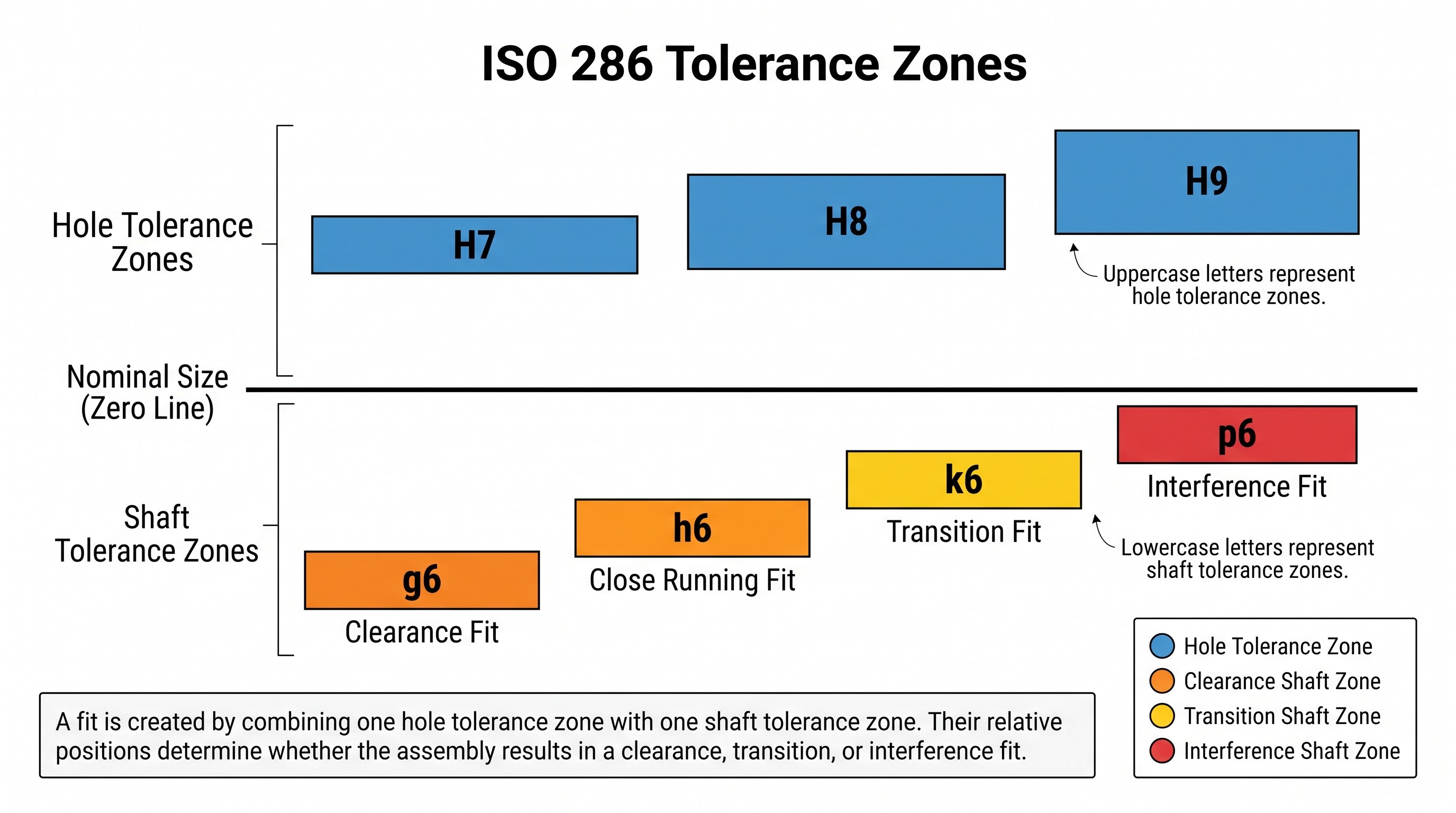 Educational diagram of ISO 286 tolerance zones showing a nominal size reference line, hole tolerance zones H7, H8, and H9 above the line, and shaft tolerance zones g6, h6, k6, and p6 positioned relative to it to illustrate clearance, transition, and interference fits.