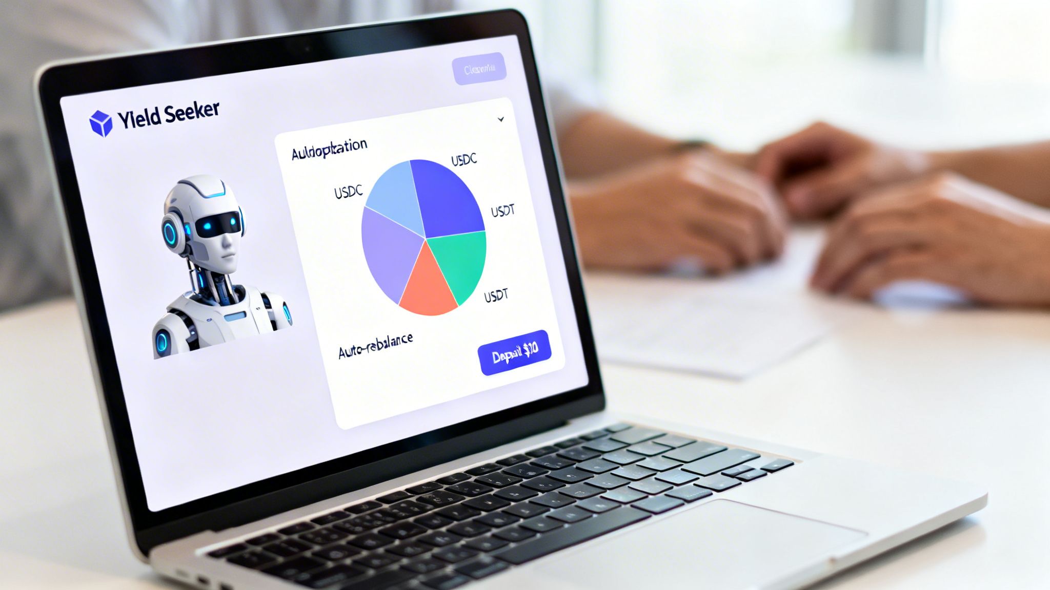 A laptop screen displays 'Yield Seeker' crypto platform with a robot, pie chart, and crypto allocations.