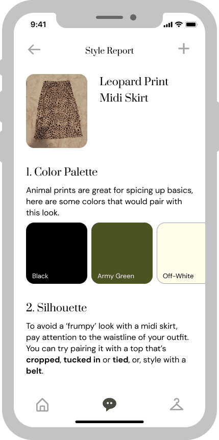 Mockup of a detailed overview of colors, silhouettes, and items to style the skirt with