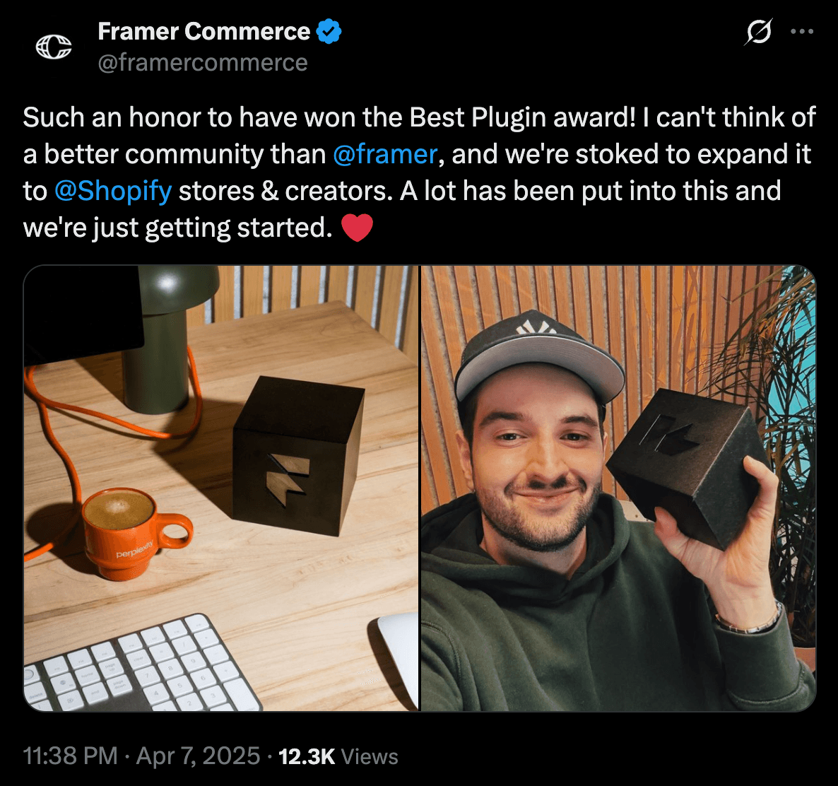 Framer commerce post on X winning best plugin award