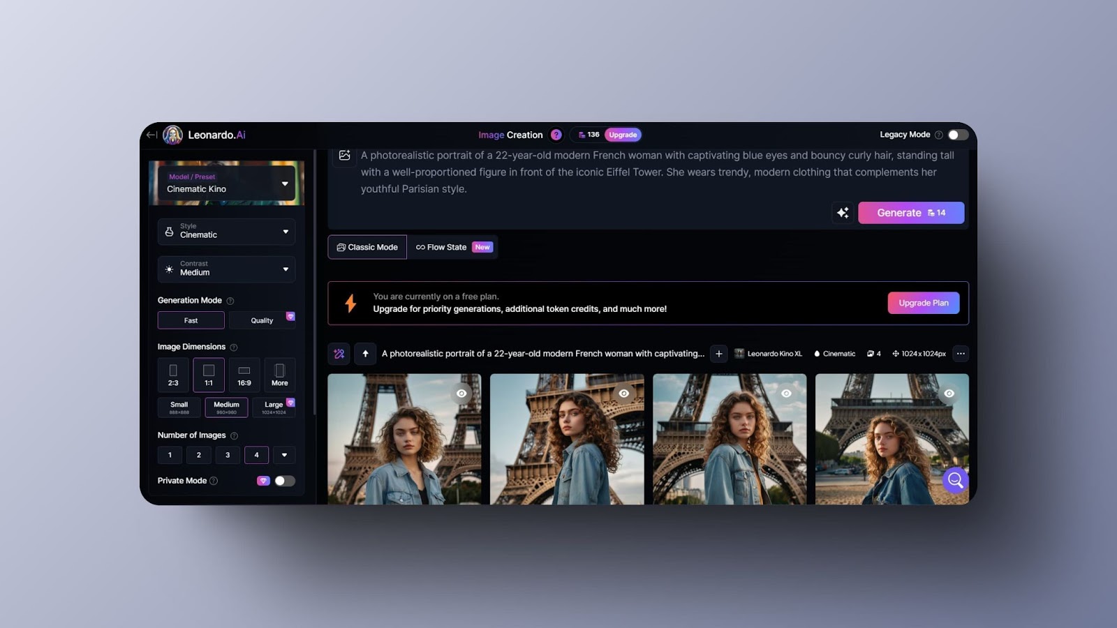 Leonardo AI interface showing cinematic presets, medium contrast, image dimension selection, and AI-generated images of a French woman in Paris 