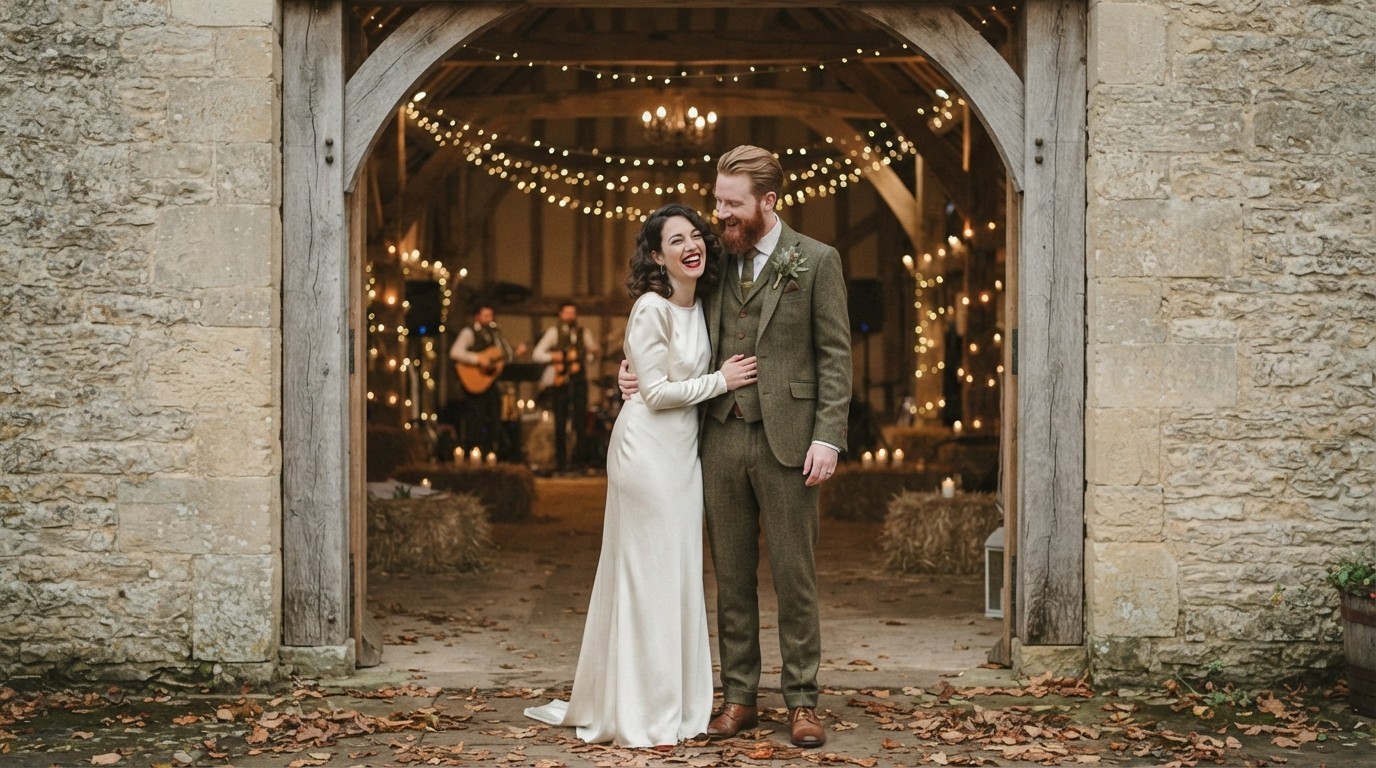 Sofia and Ben in the doorway of a candlelit stone barn