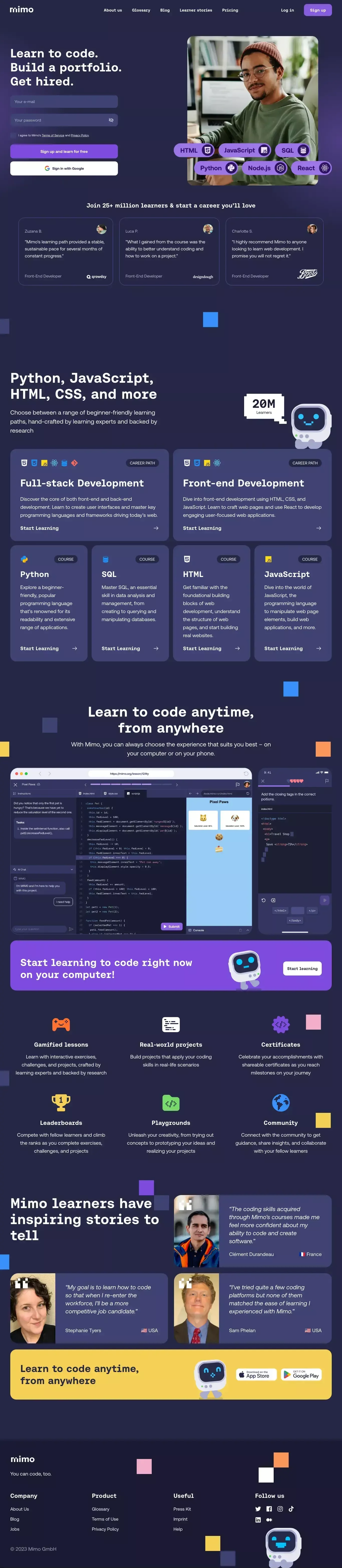 Learn to Code with Mimo: Python, JavaScr landing page screenshot showcasing Tech and Education design