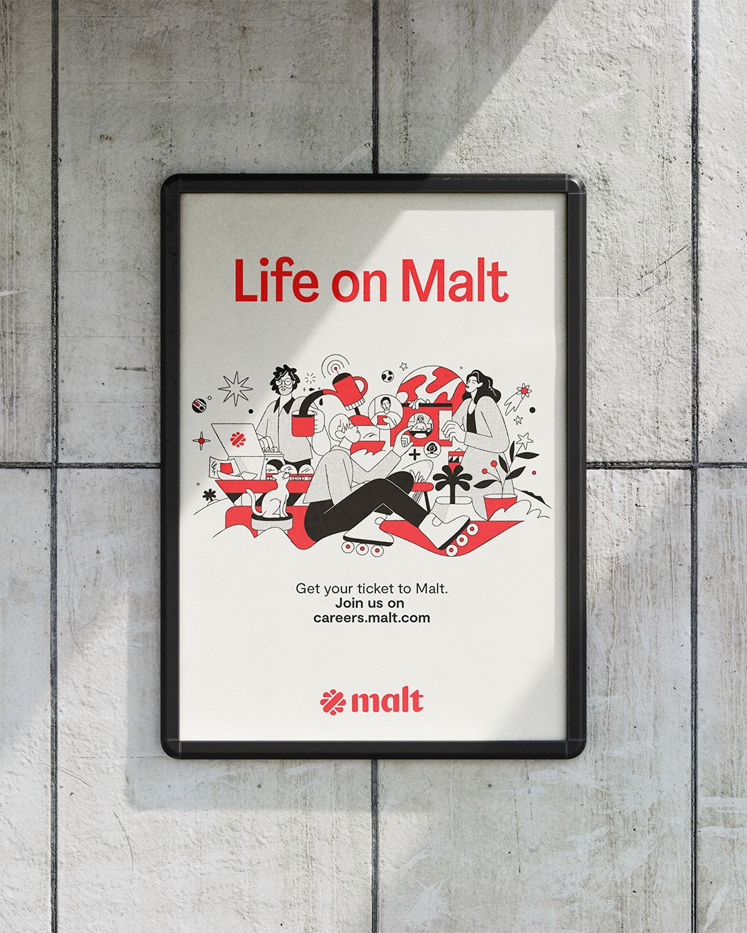 Streetside billboard with flyposters of the Batch.Works brand and illustrations