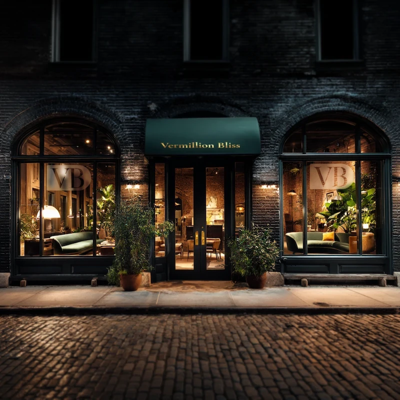 Vermillion Bliss storefront at night