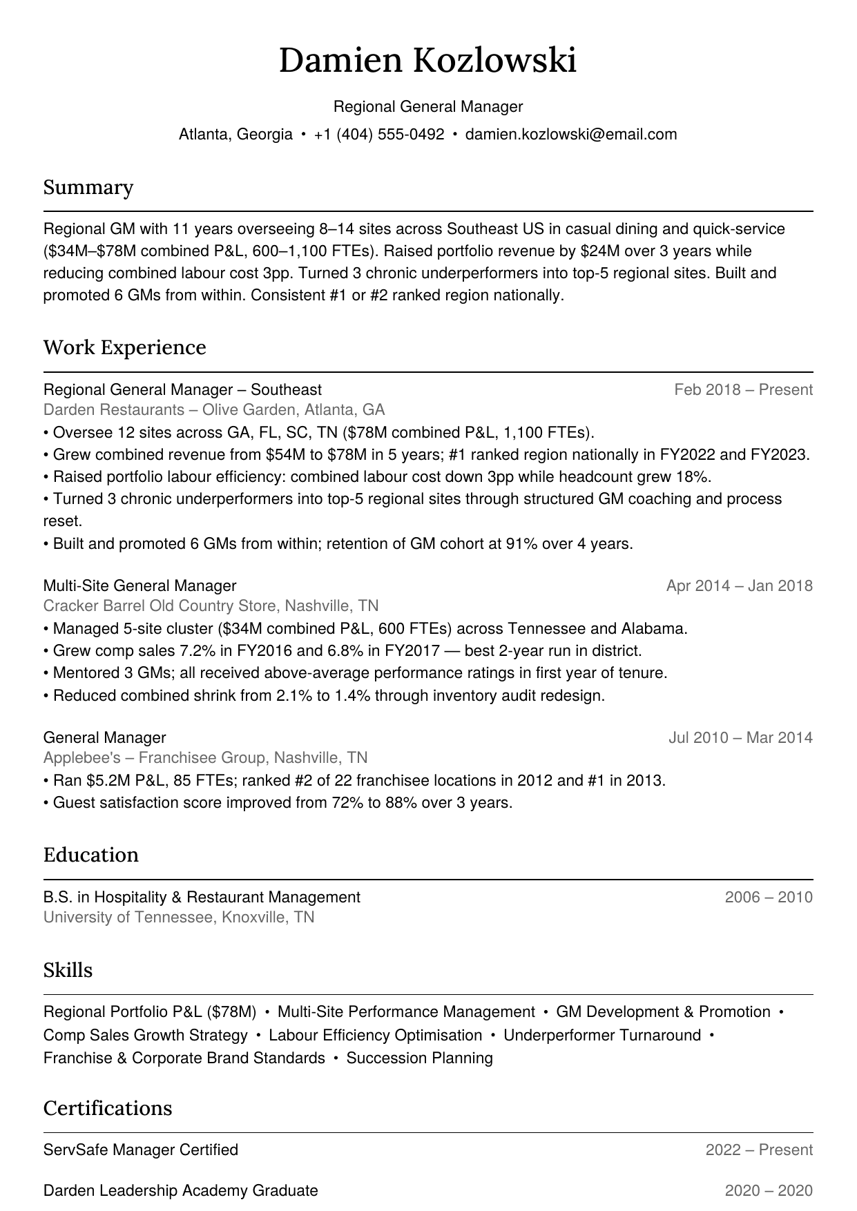 Regional general manager resume example