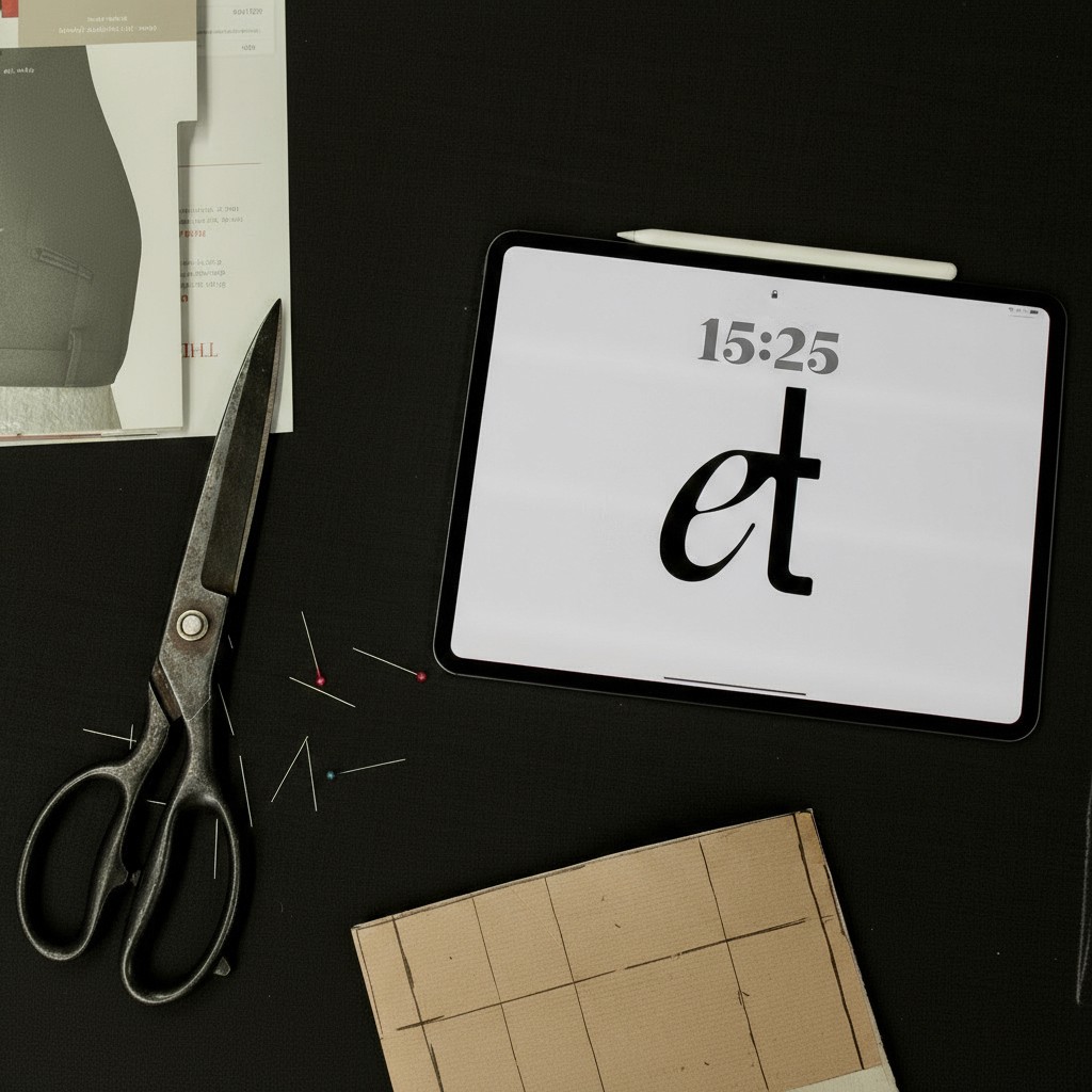 Arbeitsfläche mit Textilwerkzeug und Tablet