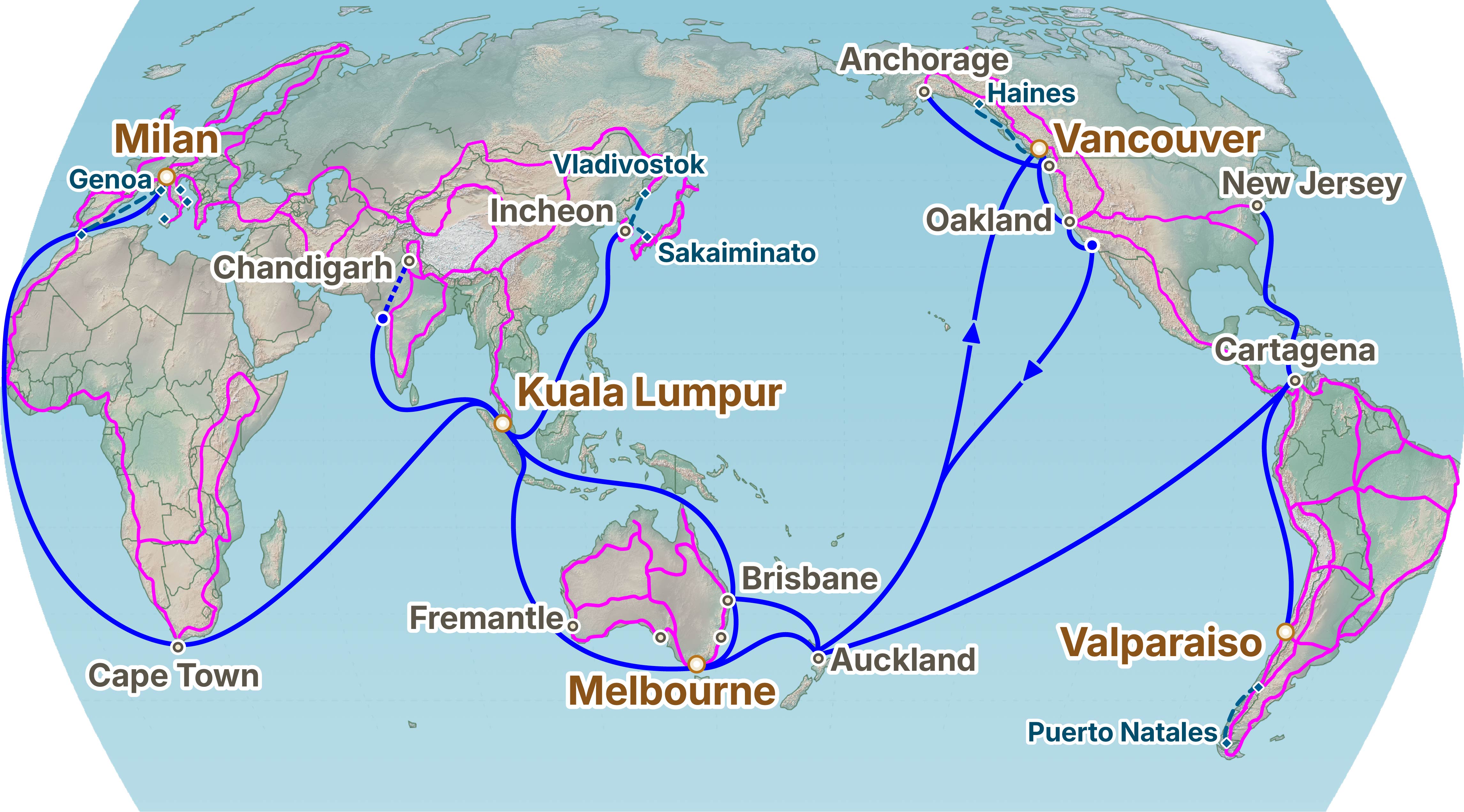 Own Bike Odyssey world map showing Vancouver, Incheon, Kuala Lumpur, Milan, Melbourne and Valparaíso with shipping, overland and ferry connections.