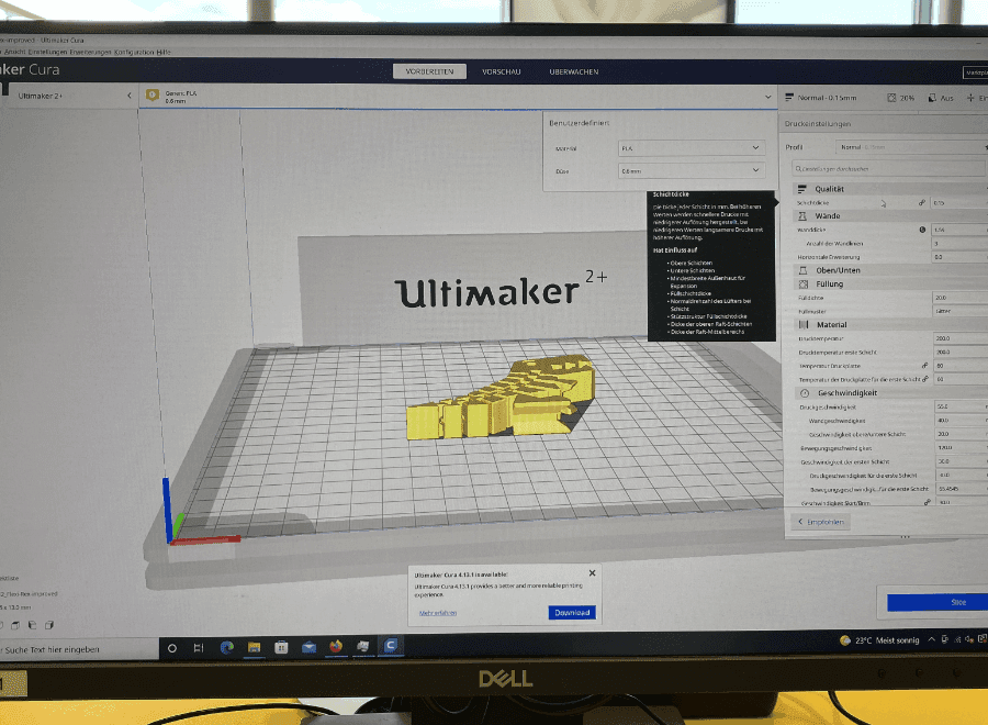 Die digitale Vorschau des 3D-Druckers mit Kontrollansicht vor dem Drucken