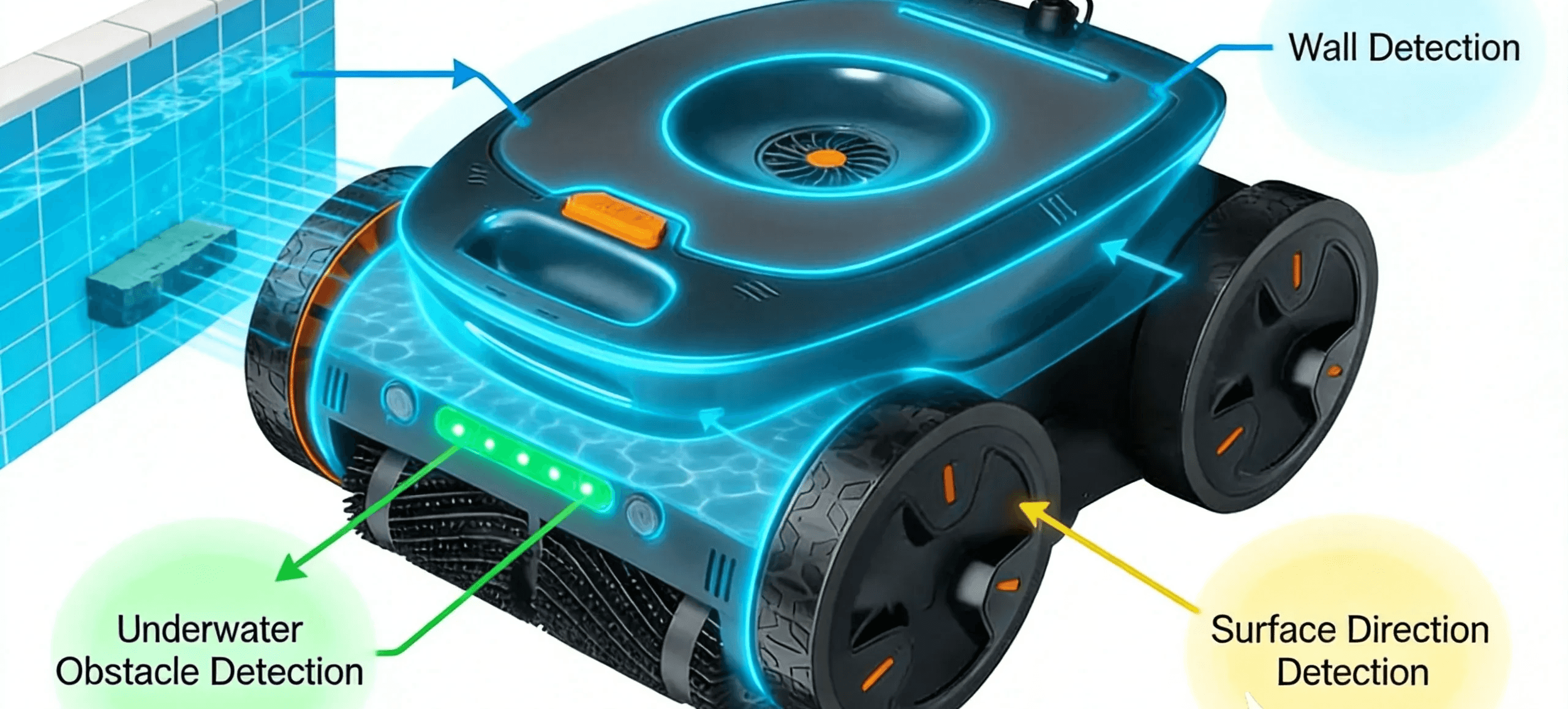 Diagram showing how robotic pool cleaner sensors detect surroundings and improve movement control