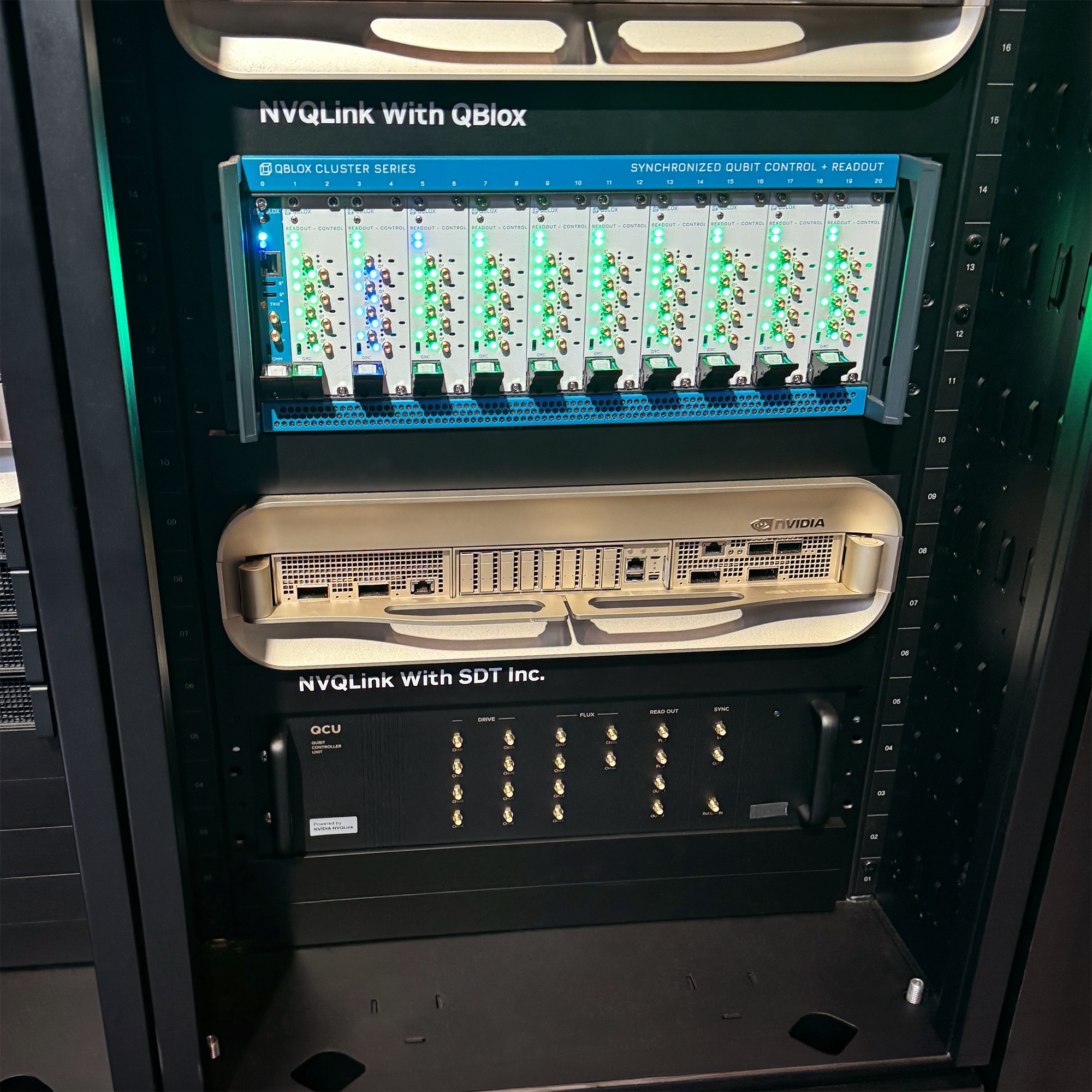At NVIDIA GTC, Close-up of SDT's QCU qubit control equipment being introduced as an NVQLink system.
