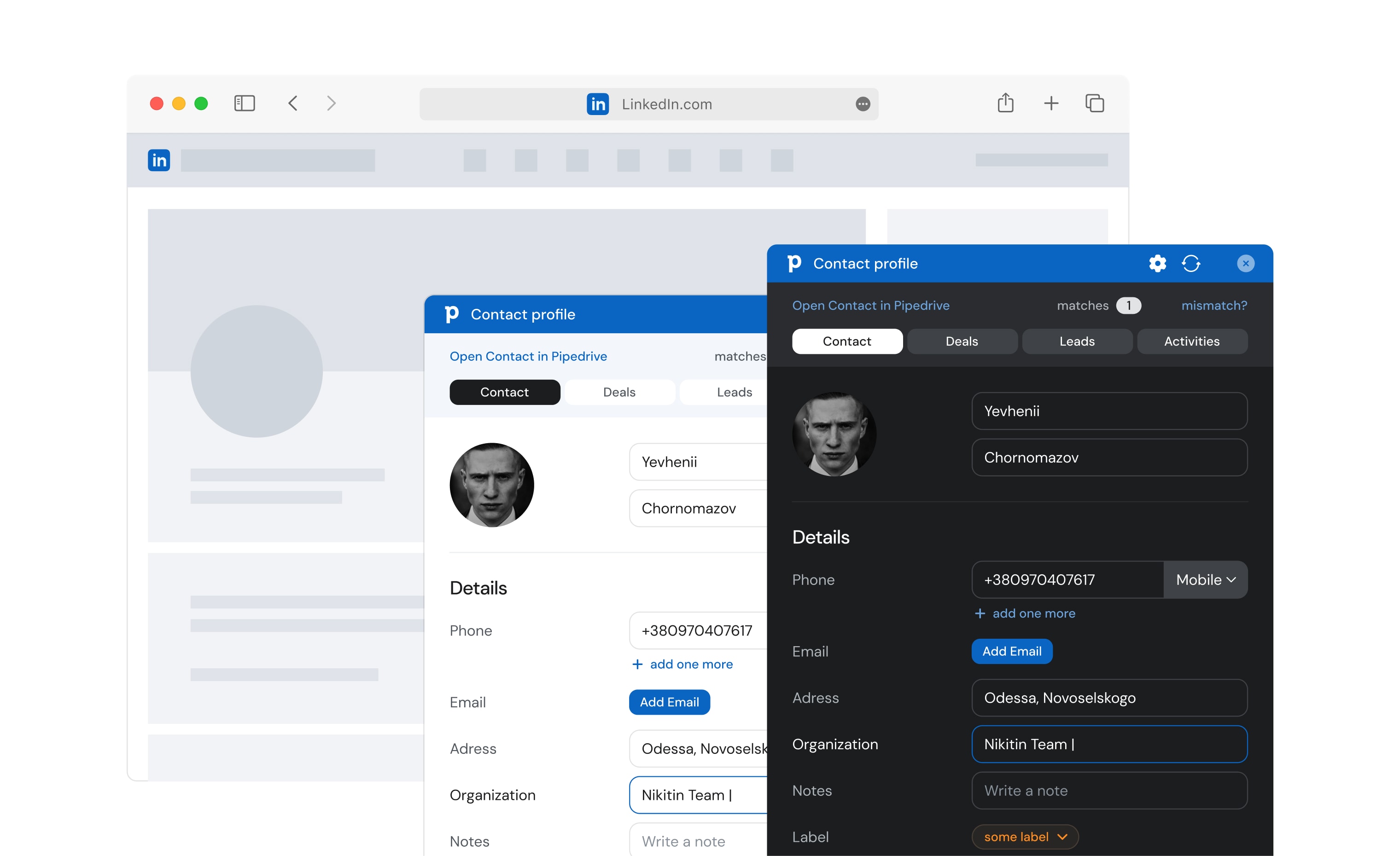 LinkMatch contact profile popup on a LinkedIn page showing light and dark mode CRM fields
