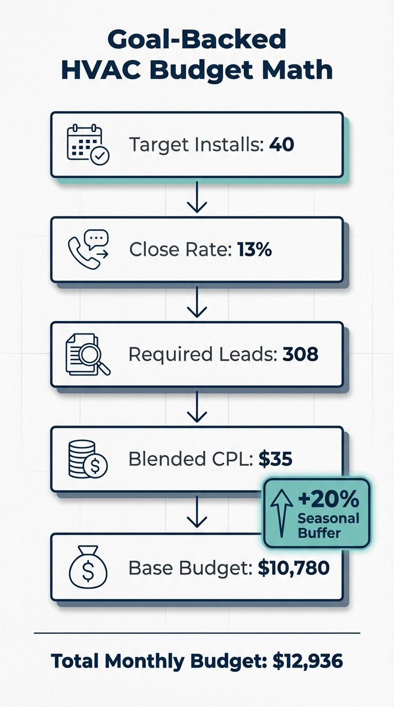 HVAC marketing budget calculator showing target installs, close rate, required leads, blended CPL, and total monthly budget