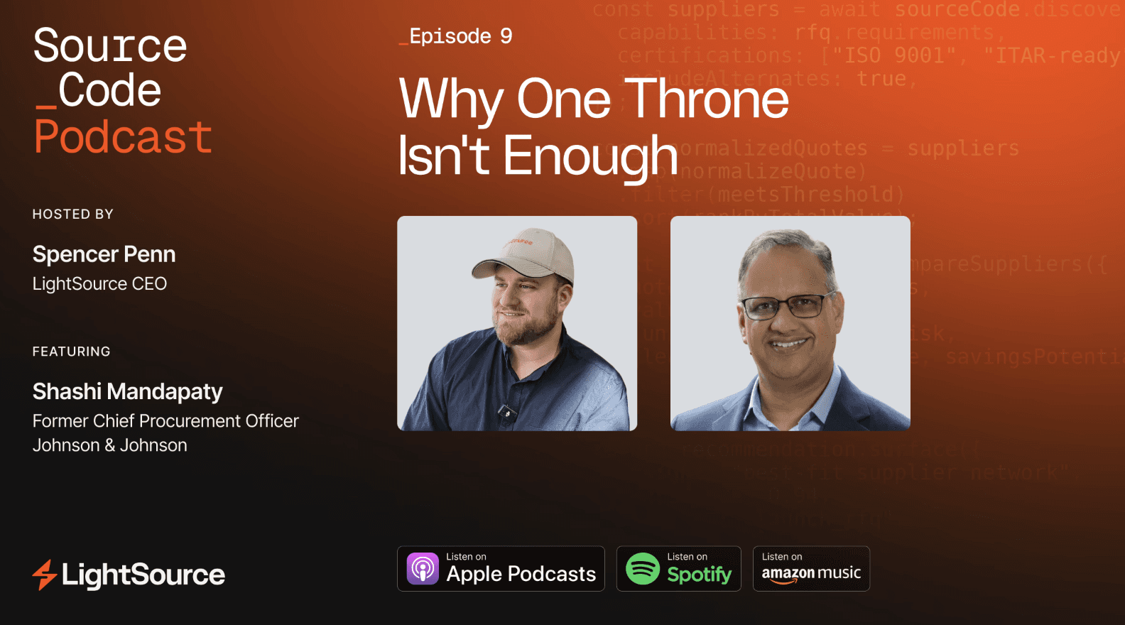 Source Code Podcast episode 9 graphic: "Why One Throne Isn't Enough," hosted by Spencer Penn with guest Shashi Mandapaty, former CPO of Johnson and Johnson
