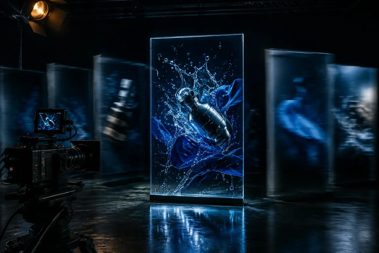 AI video production setup filming scroll-stopping product content in a cinematic studio