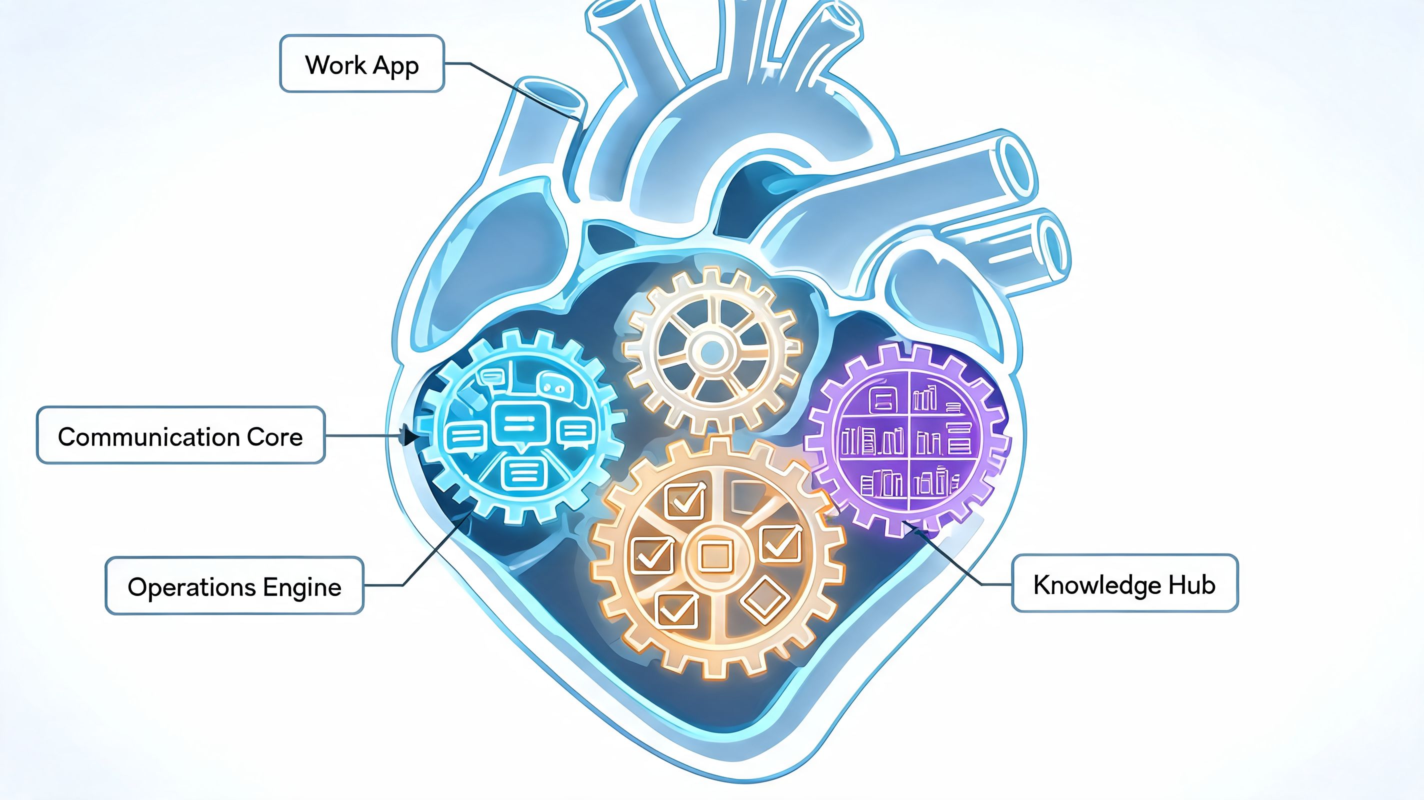 A digital illustration of a heart containing mechanical gears representing communication, operations, and knowledge for work apps.