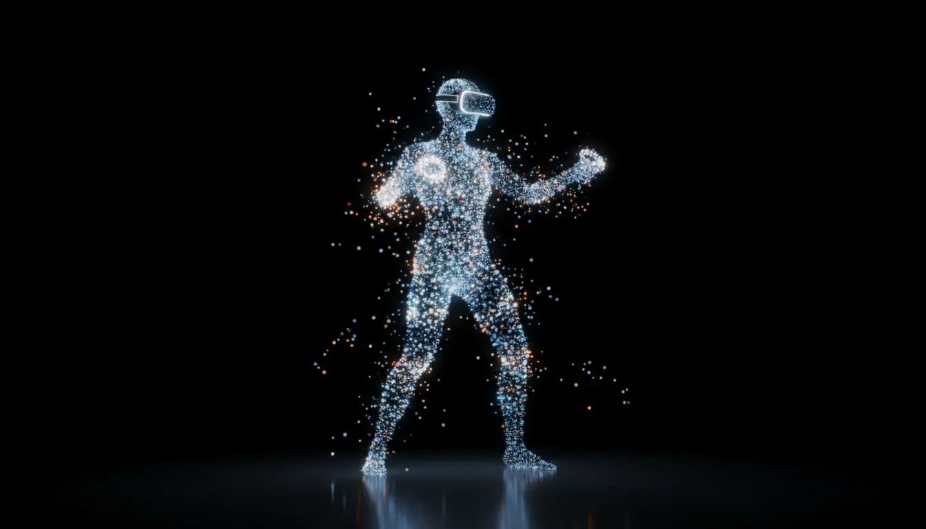 3D render of a futuristic human avatar in the Metaverse, composed entirely of a dynamic point cloud of glowing bokeh particles. The figure is wearing a VR headset and holding hand controllers, captured mid-motion interacting with the virtual space. The particles are primarily luminous shades of blue and white, with sparse orange and yellow accents, all set against a pure black background. The figure casts a subtle reflection on a glossy, invisible floor, with loose particles floating around creating depth. Soft global illumination, abstract particle system visualization.