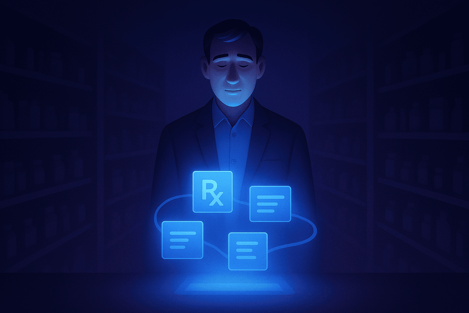 A stylized digital illustration of a pharmacist or healthcare professional standing in a dark pharmacy with shelves of medicine in the background. He is illuminated by a glowing holographic interface displaying prescription (Rx) icons and digital information cards, symbolizing the use of AI or digital tools in pharmacy operations.