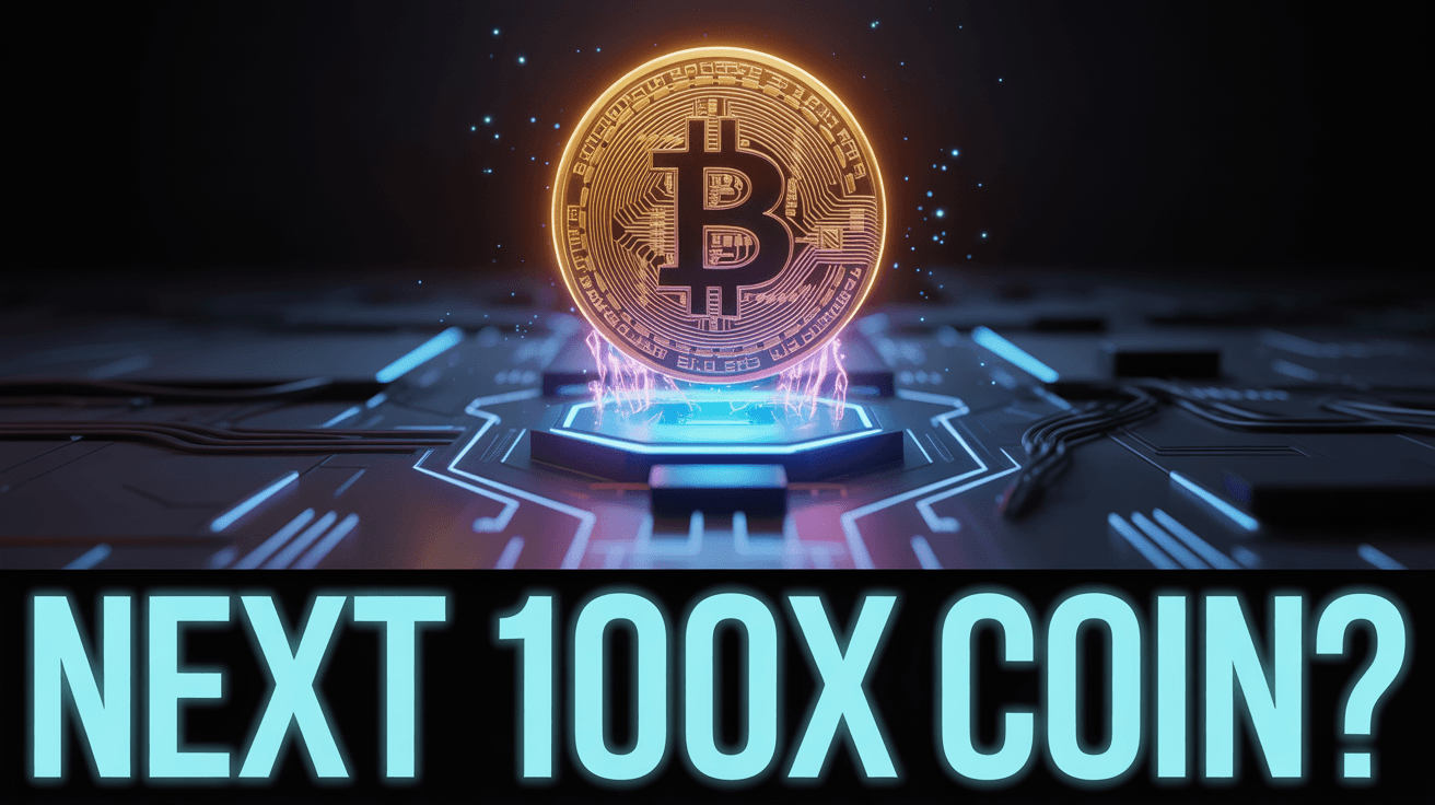 Glowing bitcoin hovering above neon circuitry with NEXT 100X COIN question