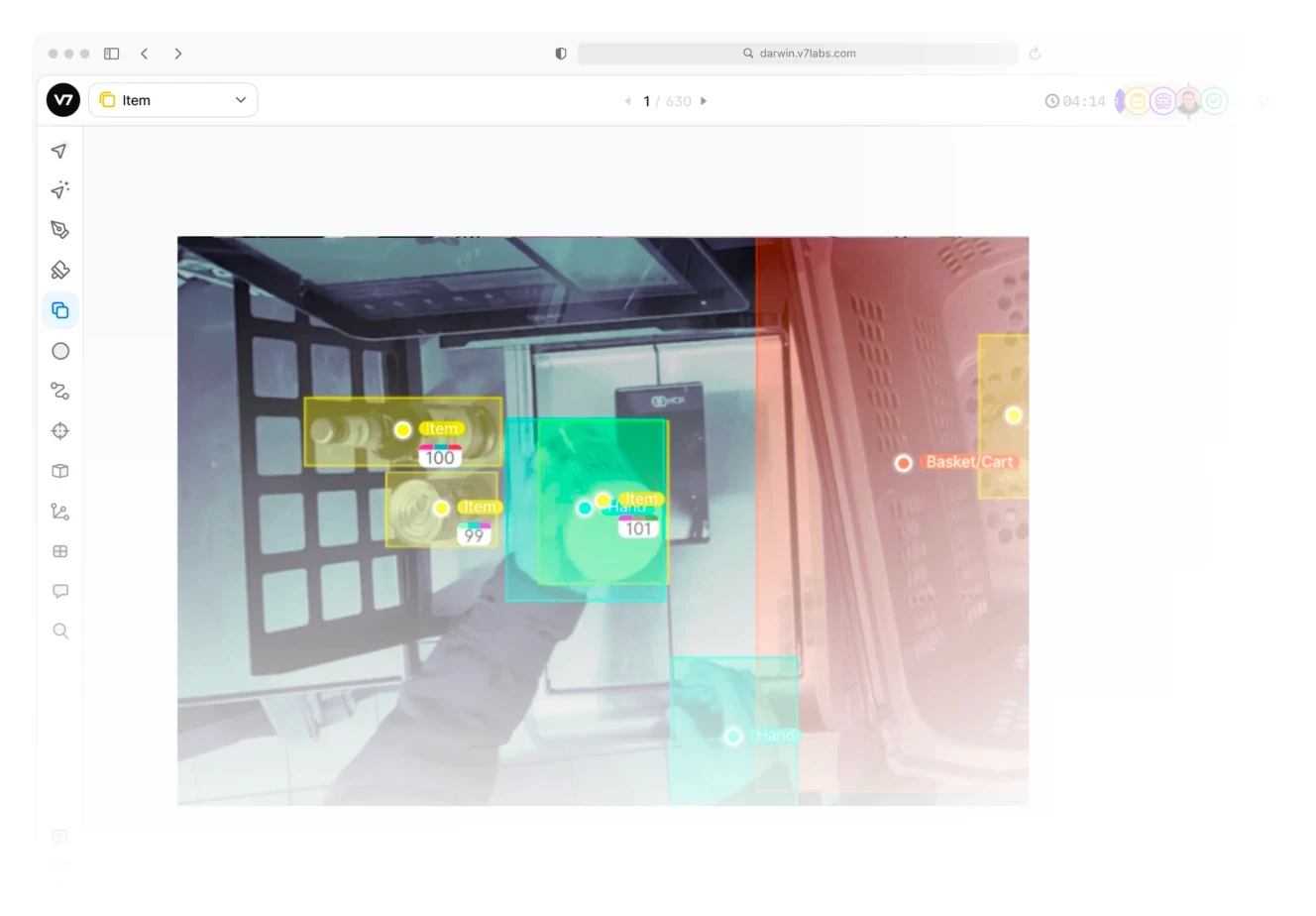 An AI checkout monitoring system analyzing a customer's hand placing items into a cart. Colored bounding boxes highlight detected objects, including products, the customer's hand, and the shopping basket, showing how AI tracks interactions during the checkout process.