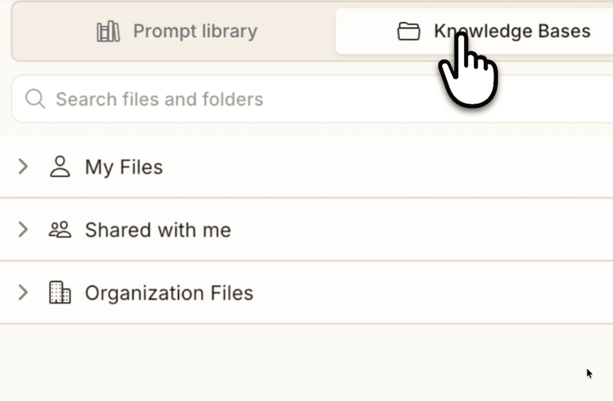 Knowledge Bases side panel organized into My Files, Shared with me, and Organization Files
