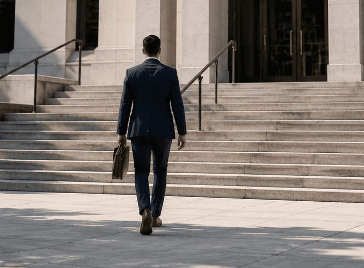 Individual approaching an Ontario courthouse representing successful Small Claims Court claims, settlements, and civil dispute resolution.