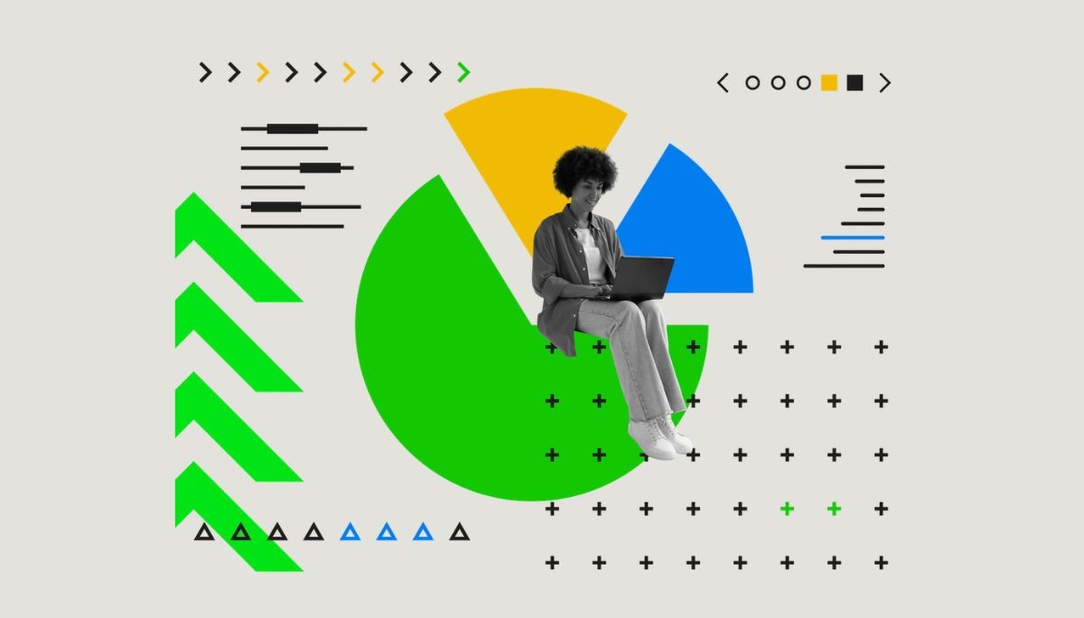 Collage of person with laptop and colorful pie chart, symbolizing principal component analysis explained simply.