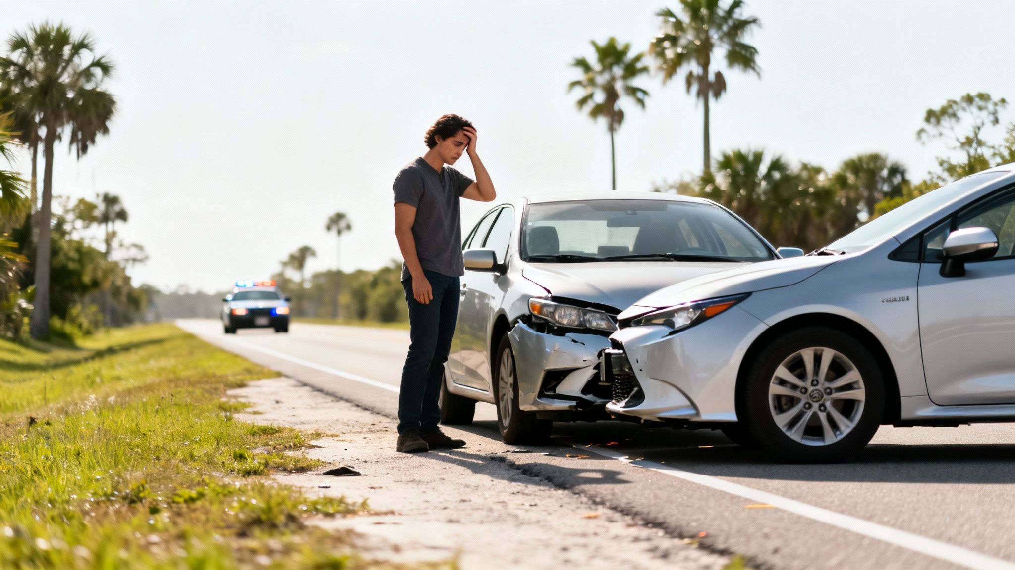 Man looks distraught after a car accident, with two silver cars damaged and a police vehicle approaching.