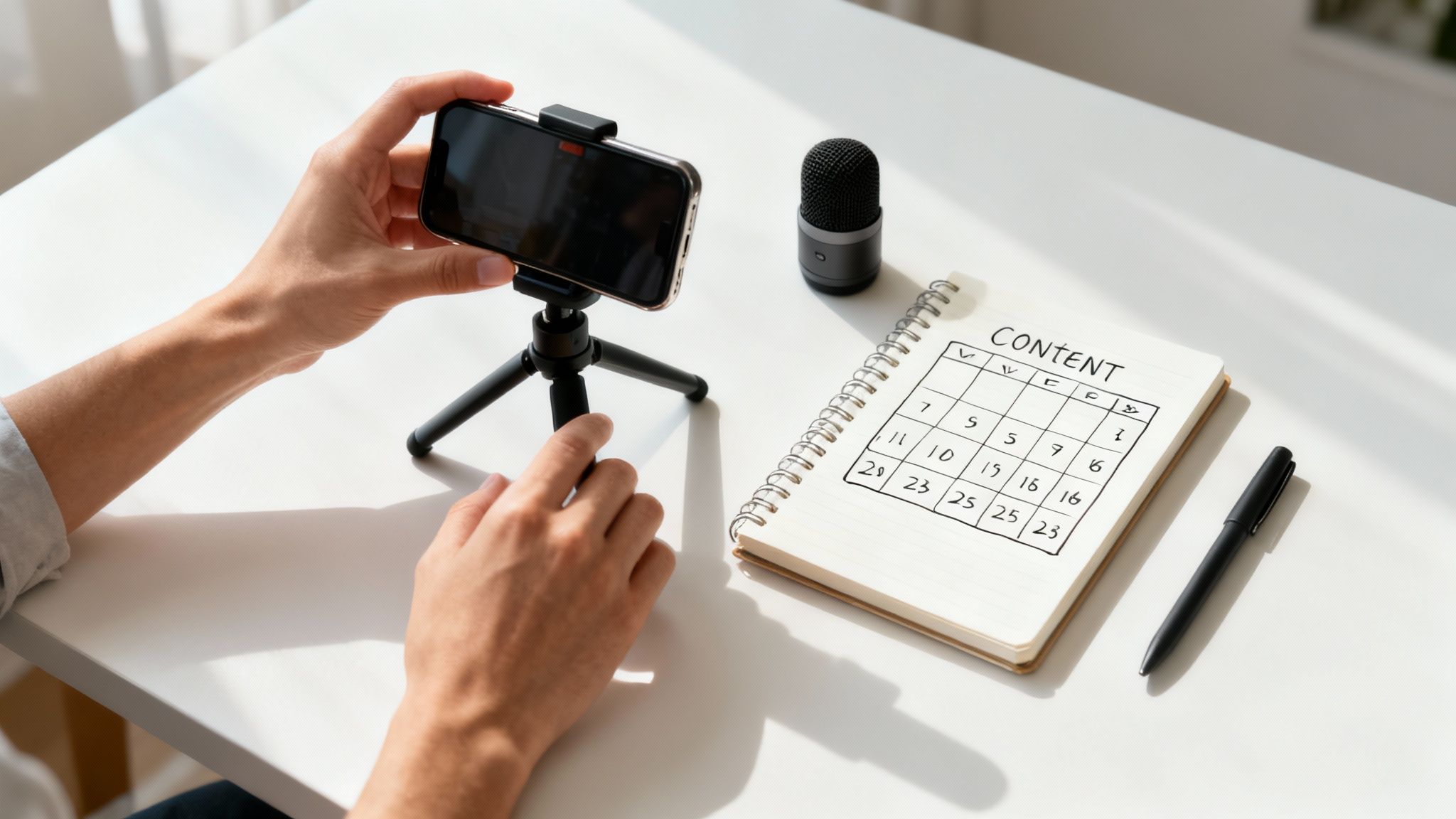 A person creating engaging content on a laptop, with icons for video, blogs, and social media floating around.