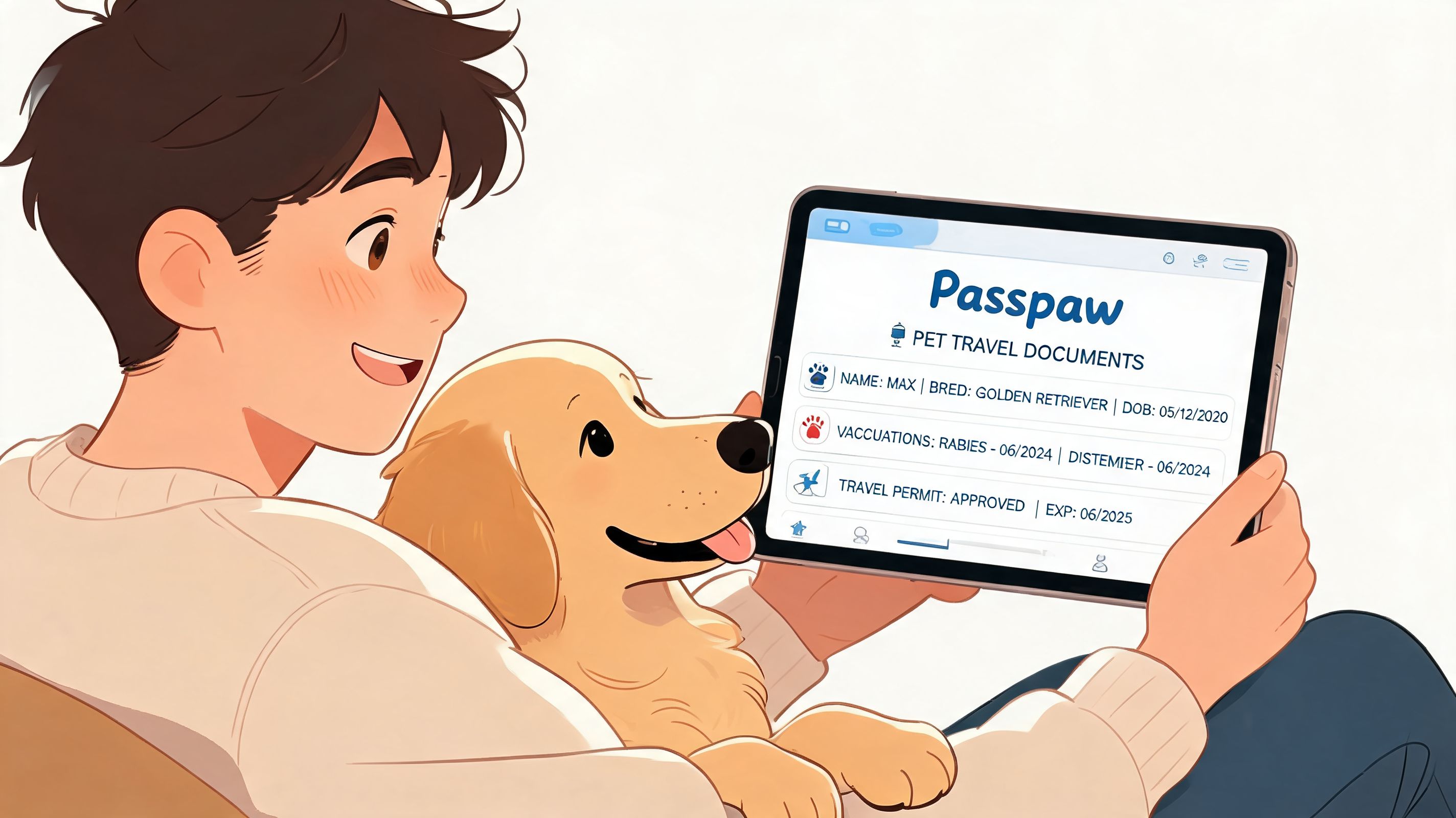 A happy young man showing his Golden Retriever dog pet travel documents on a digital tablet screen.