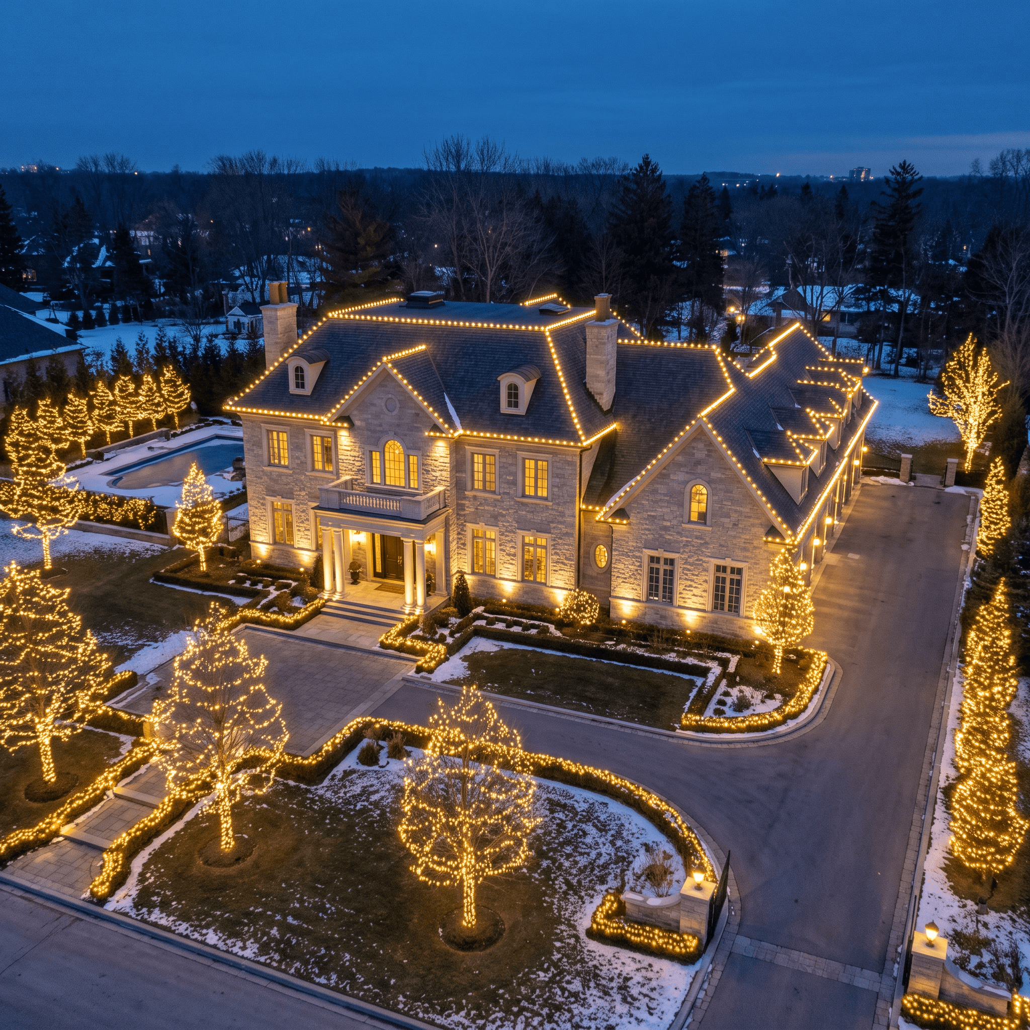 Aerial view of holiday lighting display on a home