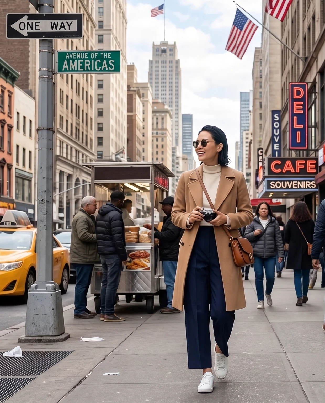 Woman in a coat walking on a city street.