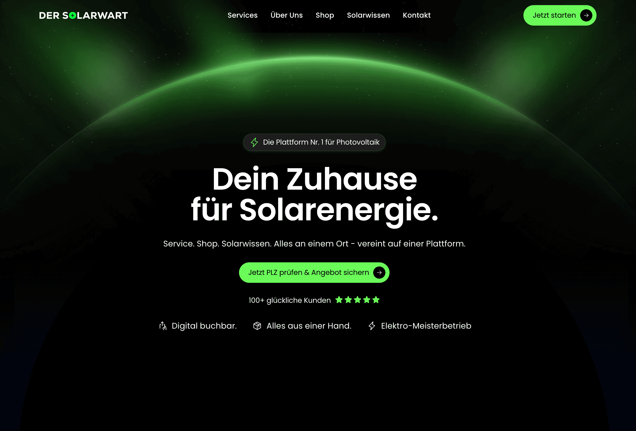 Screenshot der Startseite von DER SOLARWART, gestaltet von Webnity-X – moderne Solarenergie-Plattform mit Services, Shop und Solarfacts-Bereich