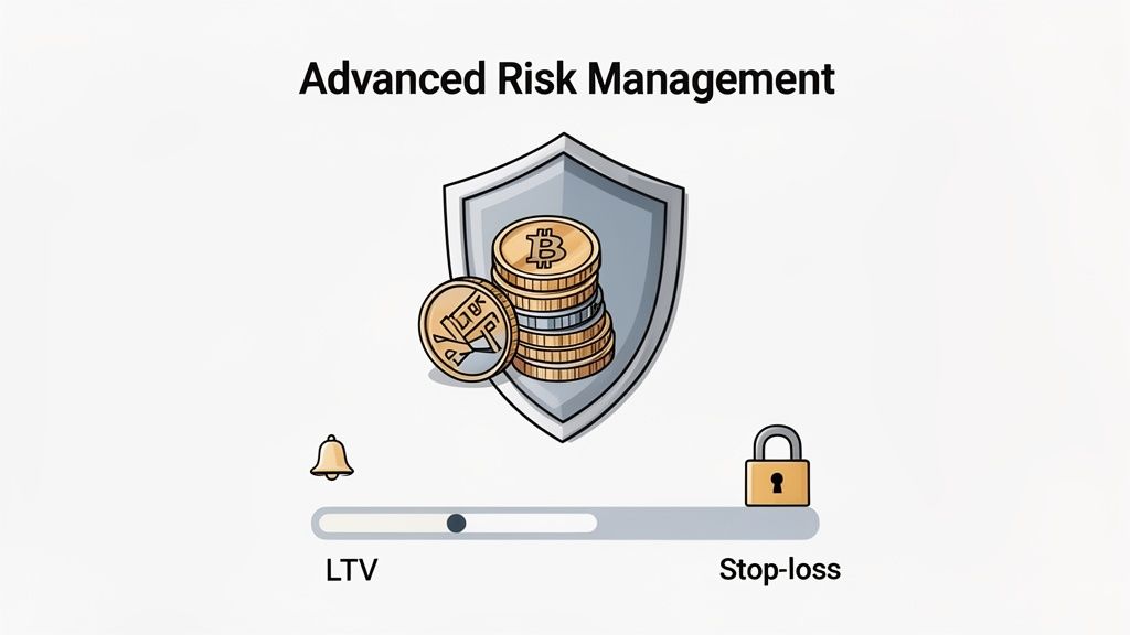 An illustration titled 'Advanced Risk Management' showing a shield, crypto coins, and a slider for LTV and stop-loss.