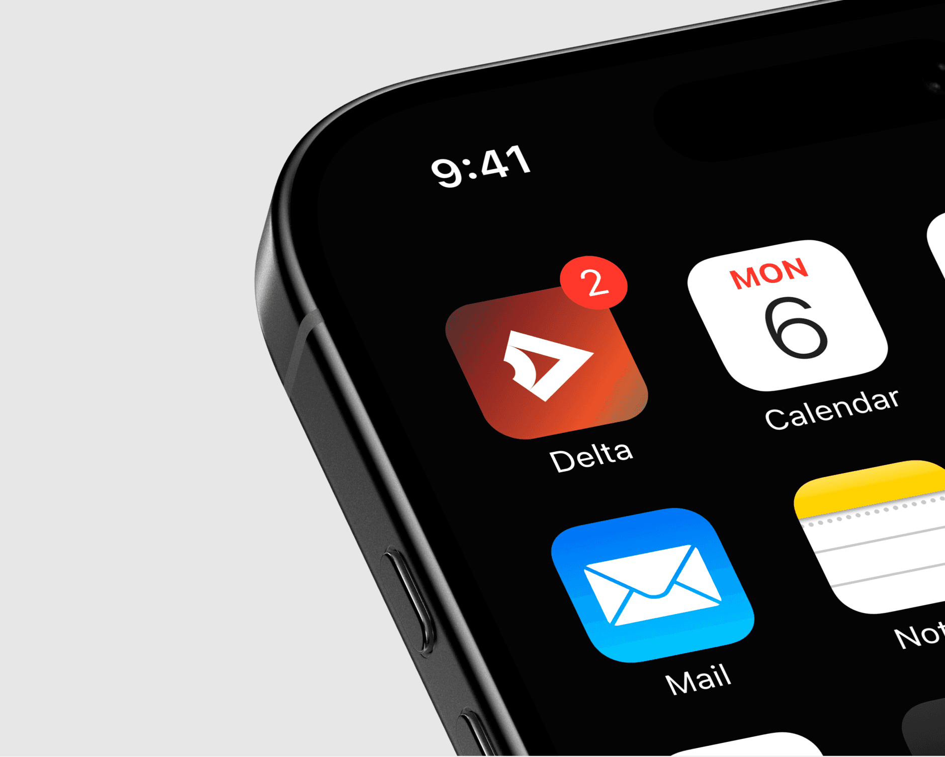 The image displays the upper portion of a smartphone with a focus on the home screen, showing app icons including Delta with two notification badges, Calendar, and Mail, against a light gray background.