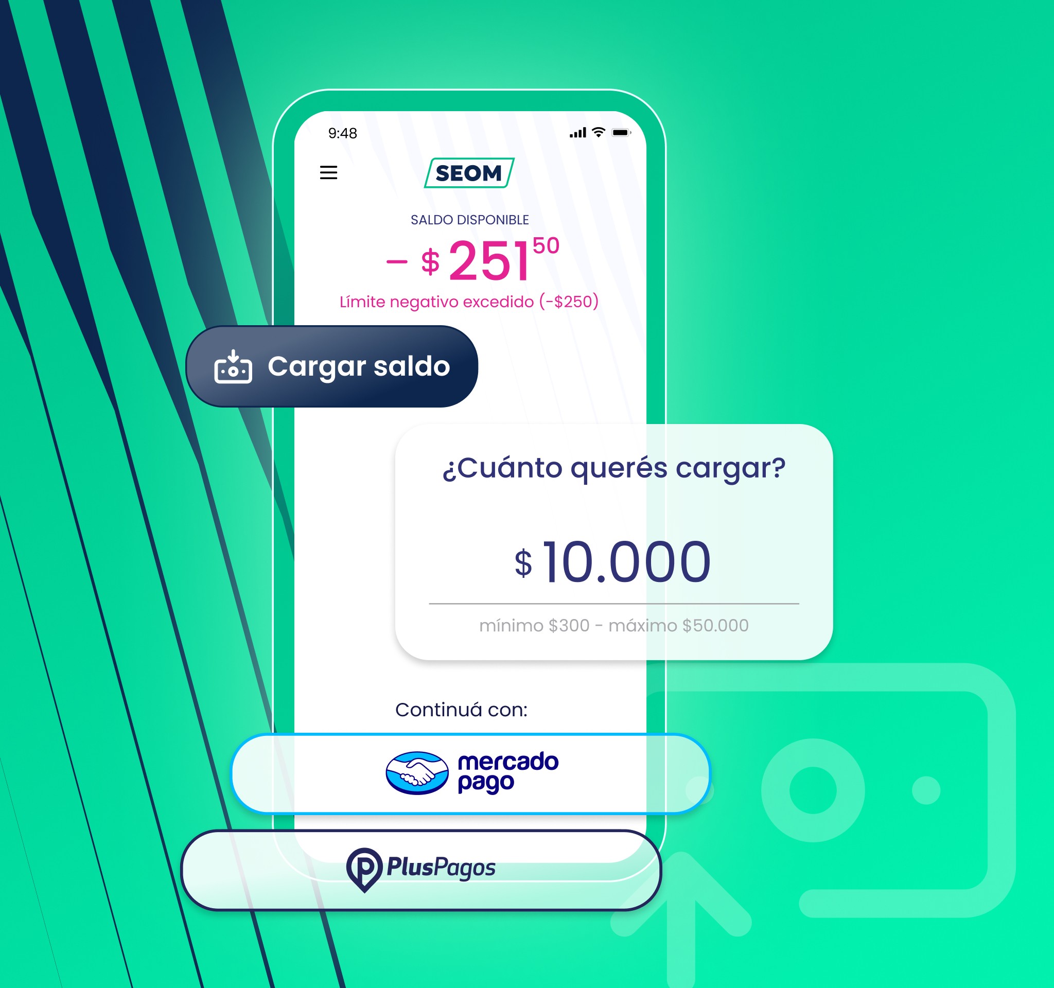 pantalla de carga de saldo con mercado pago o plus pagos