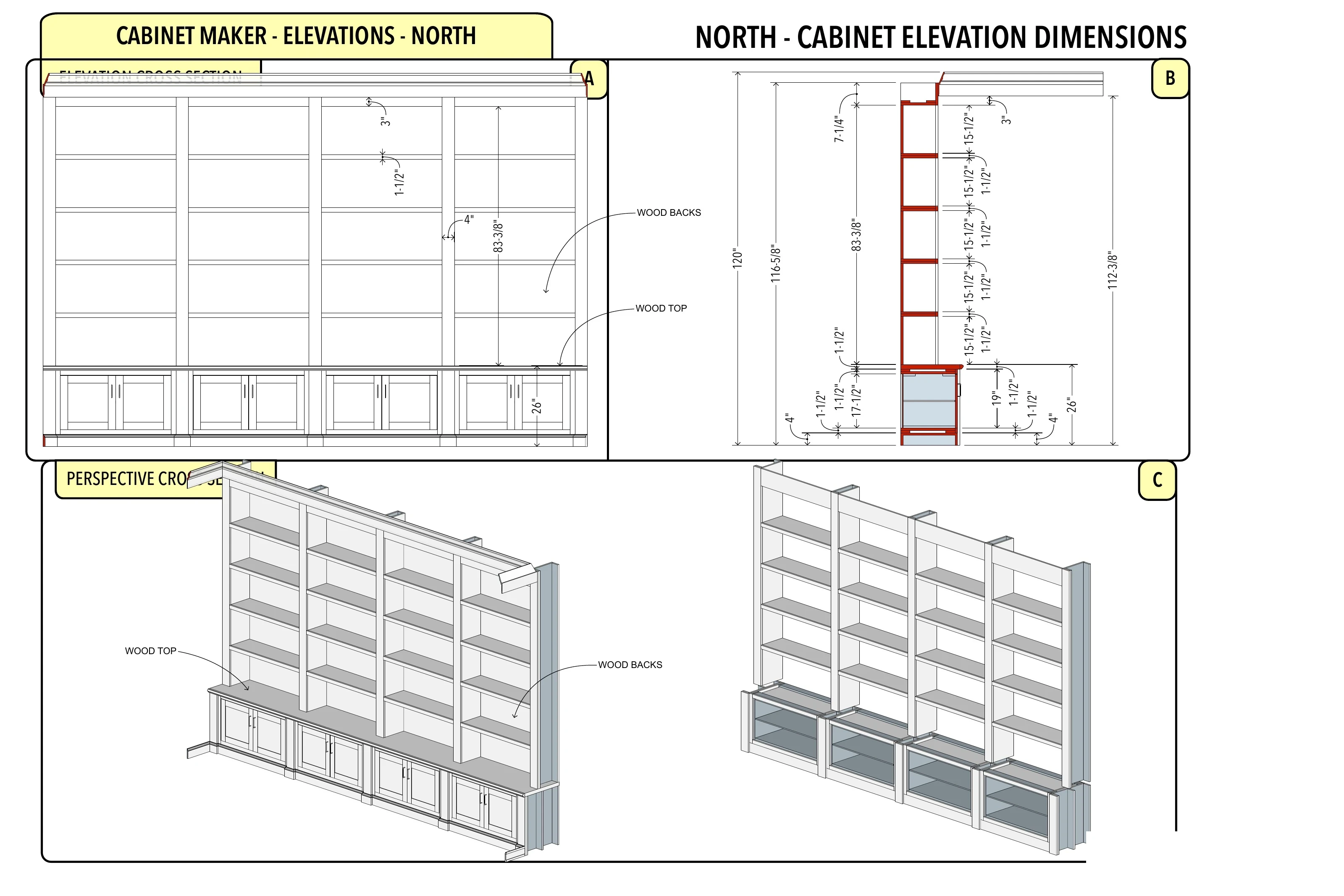 Four-Bay Bookcase Wall: dimensioned front elevation, side section and open cabinet views from source sheet 6.