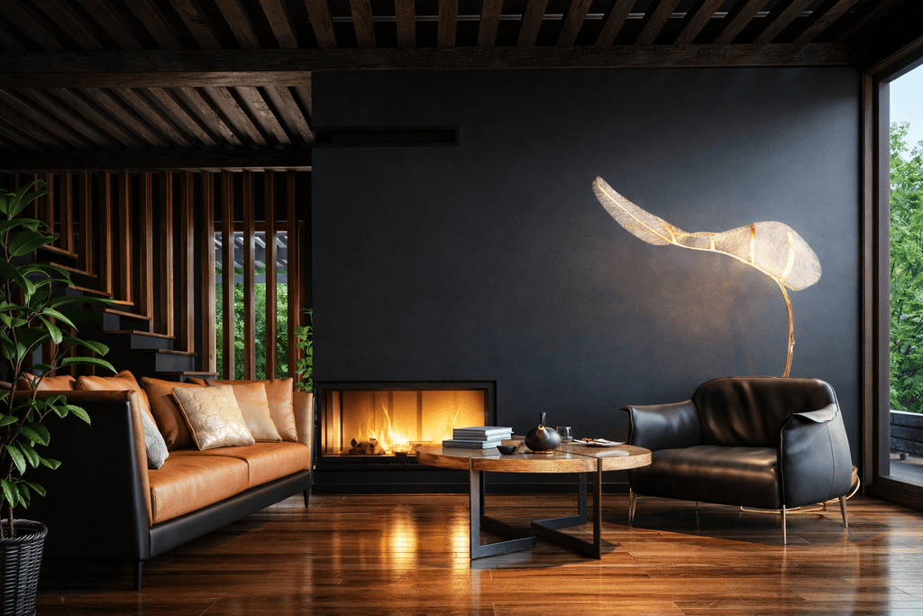 Contemporary luxury interior with sculptural brass floor lamp and leather lounge seating