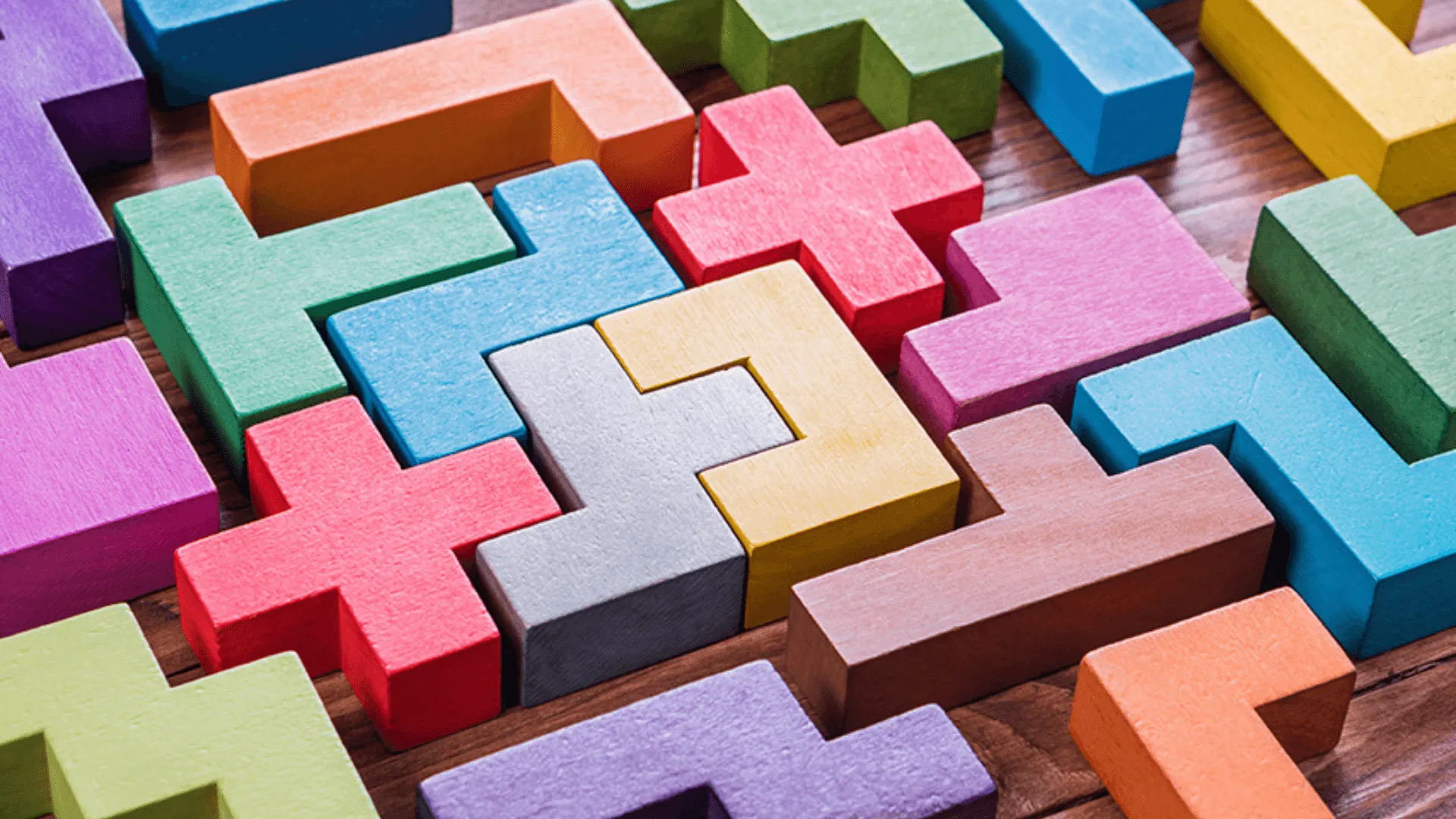 Wooden block of various shapes all placed to fit with each other