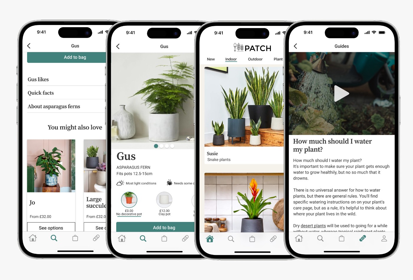 Image 1 of 3: Four high-fidelity screen mockups displayed on iPhone device frames, showing the final UI design for the app. The screens demonstrate the polished visual design with full colour, typography, imagery, and interface elements applied, illustrating how the app would appear to users in a finished state.