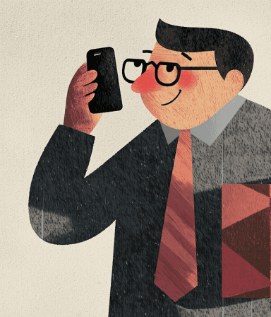 Cartoon-style illustration of a suited man on a phone call, holding a folder