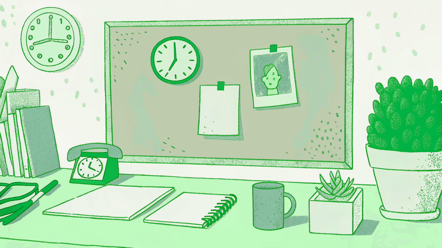 Insurance agency desk showing half-drained time gauge beside paper checks and admin clutter