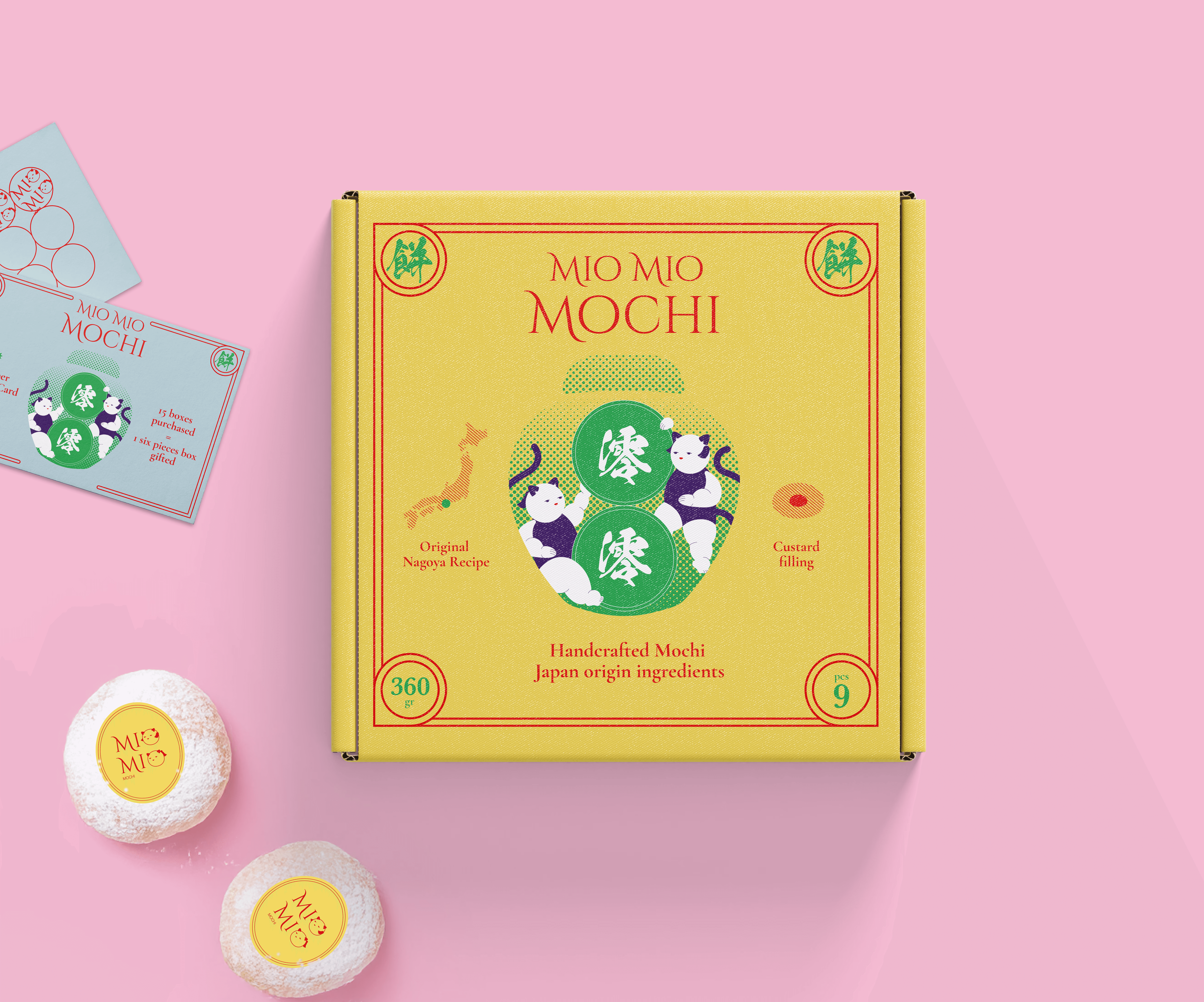Mio Mio Mochi yellow packaging box with illustrated characters and product details on a pink background.