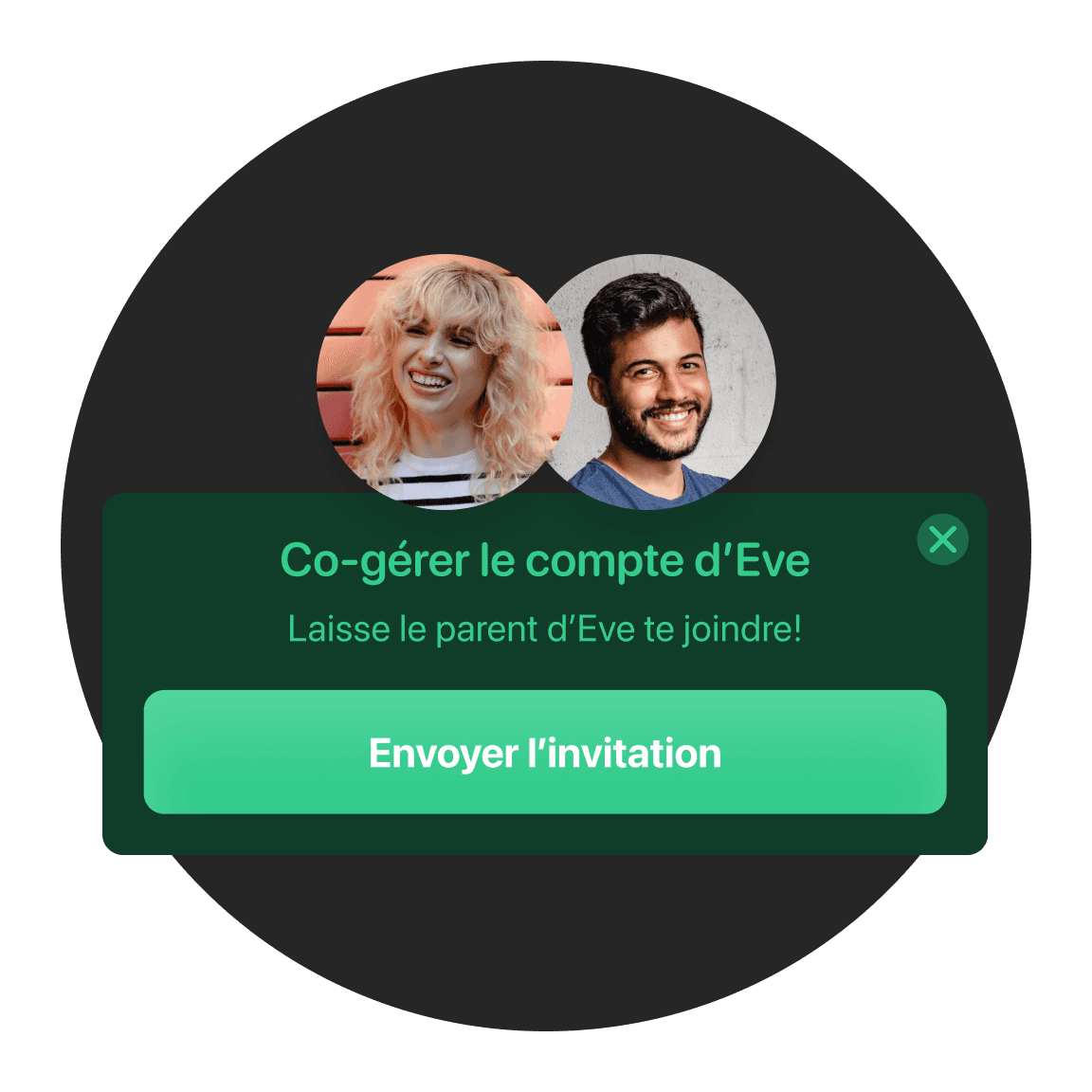 Interface utilisateur affichant deux photos de profil avec une invite pour gérer un compte et un bouton vert "Restaurer".