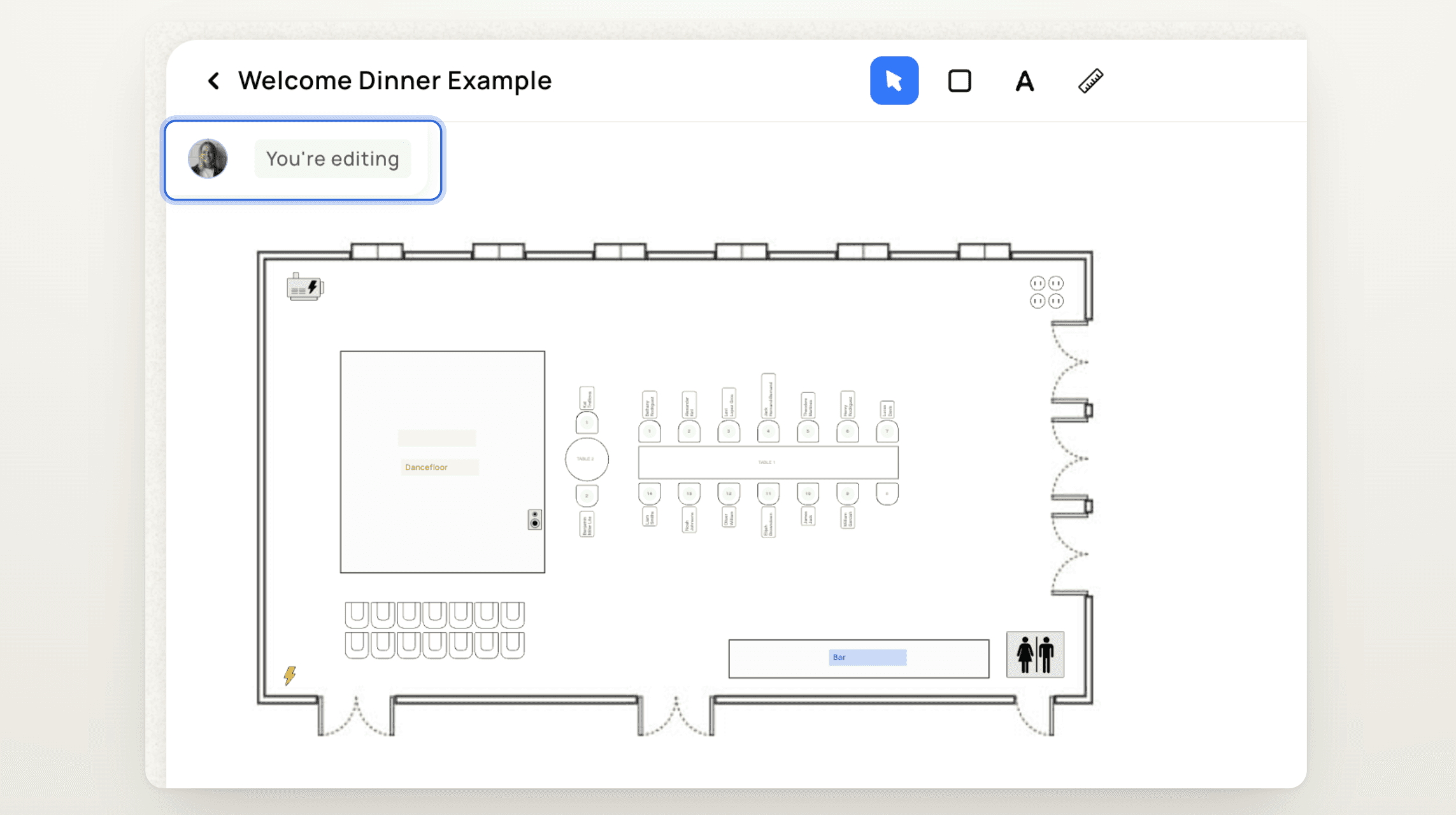 Watch mode showing a teammate editing the floor plan live