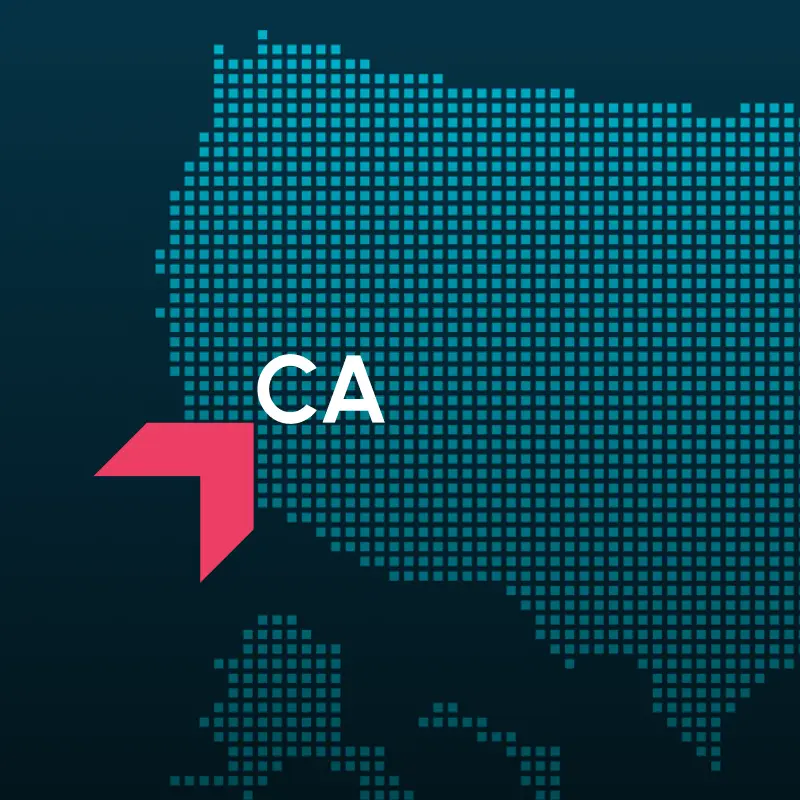 Map highlighting California with a red arrow, representing GIA Group, LLC truck insurance coverage area.