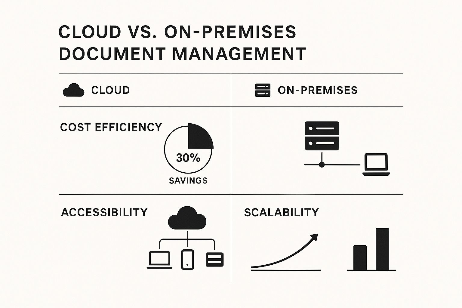 Speak4Me – An infographic comparing cloud document management solutions to on-premise systems, highlighting differences in cost, flexibility, and remote team empowerment.