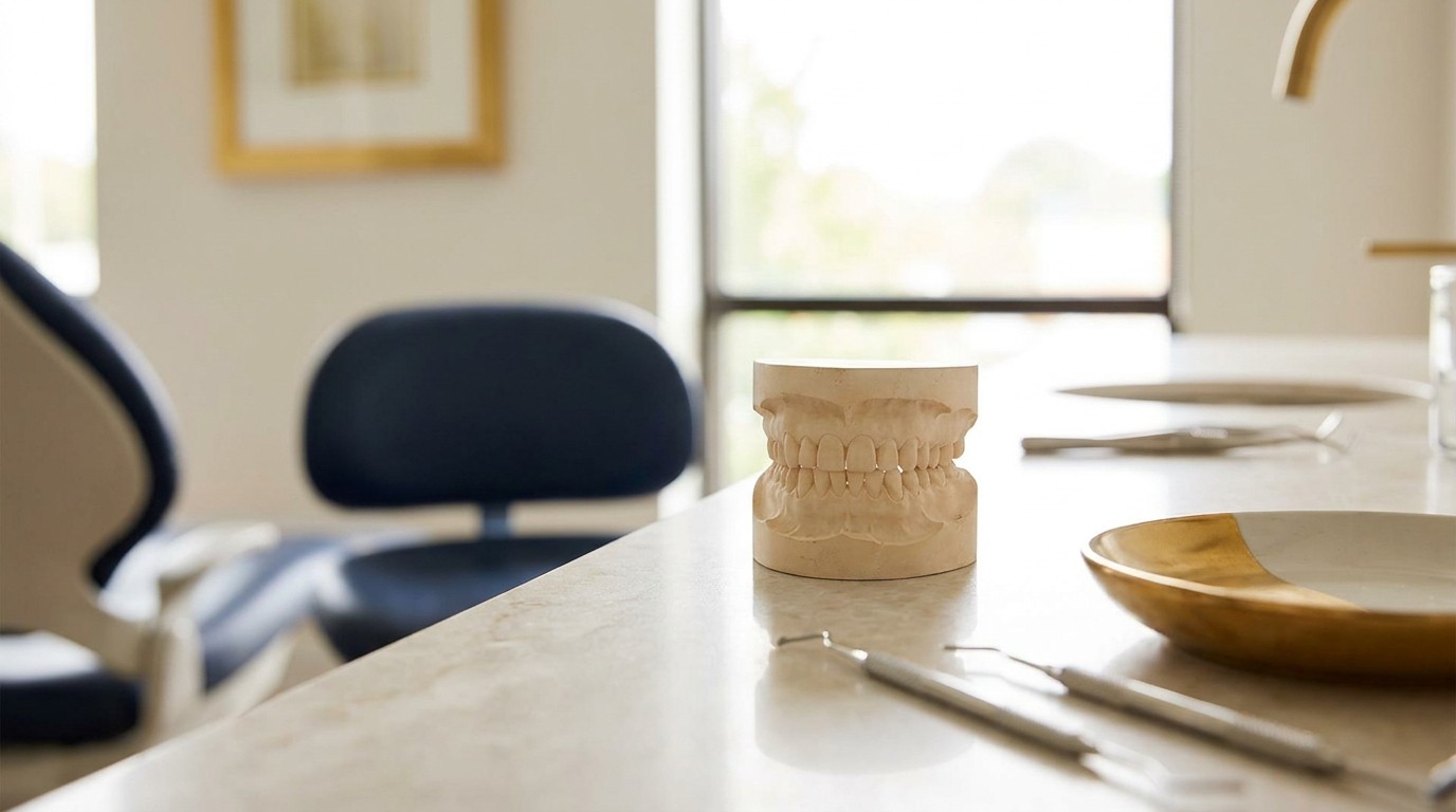 Dental teeth model on a counter showing how upper and lower teeth meet