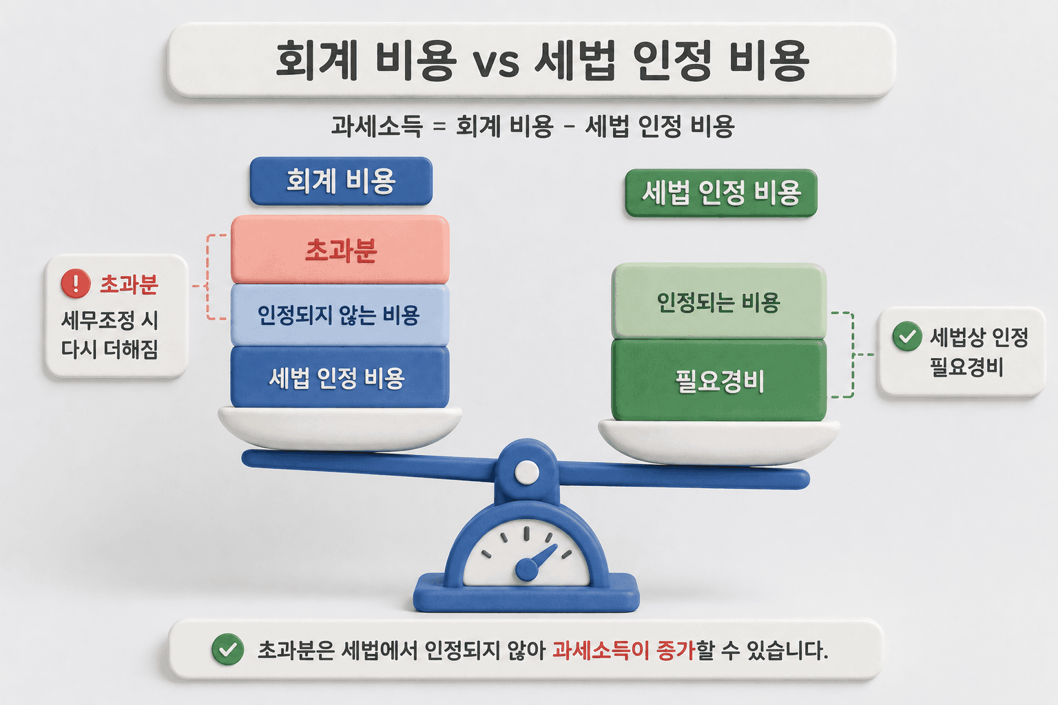 회계 비용과 세법 인정 비용을 비교한 저울